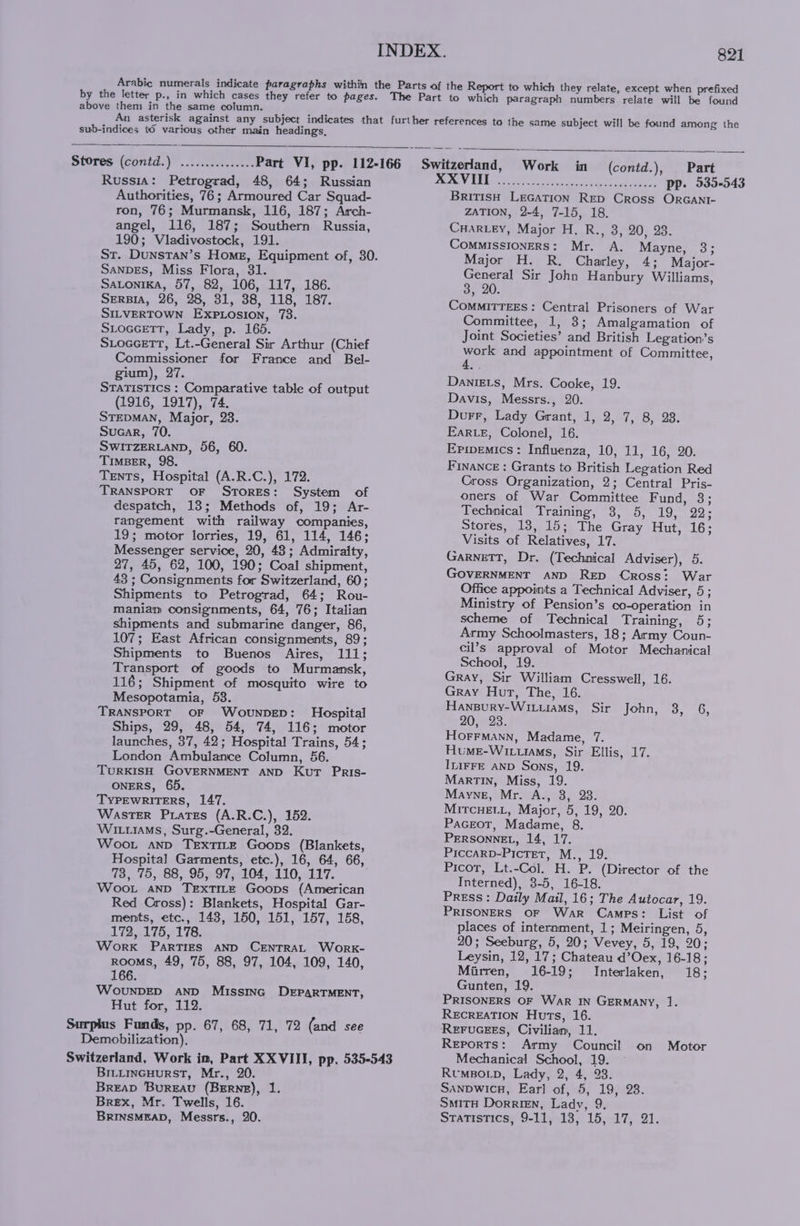 Russia: Petrograd, 48, 64; Russian Authorities, 76; Armoured Car Squad- ron, 76; Murmansk, 116, 187; Arch- angel, 116, 187; Southern Russia, 190; Vladivostock, 191. SANDES, Miss Flora, 31. SALoniKA, 57, 82, 106, 117, 186. SERBIA, 26, 28, 31, 38, 118, 187. SILVERTOWN Exp.Losion, 73. SLOGGETT, Lady, p. 165. Stoccett, Lt.-General Sir Arthur (Chief Commissioner for France and Bel- gium), 27. STATISTICS : Comparative table of output (1916, 1917), 74. STEDMAN, Major, 23. Sucar, 70. SWITZERLAND, 56, 60. TIMBER, 98. Tents, Hospital (A.R.C.), 172. TRANSPORT OF STORES: System of despatch, 13; Methods of, 19; Ar- rangement with railway companies, 19; motor lorries, 19, 61, 114, 146; Messenger service, 20, 43; Admiraity, 27, 45, 62, 100, 190; Coal shipment, 43 ; Consignments for Switzerland, 60; Shipments to Petrograd, 64; Rou- maniam consignments, 64, 76; Italian shipments and submarine danger, 86, 107; East African consignments, 89; Shipments to Buenos Aires, 111; Transport of goods to Murmansk, 116; Shipment of mosquito wire to Mesopotamia, 53. TRANSPORT OF WounpDED: Hospital Ships, 29, 48, 54, 74, 116; motor launches, 37, 42; Hospital Trains, 54; London Ambulance Column, 56. TURKISH GOVERNMENT AND Kut PRris- ONERS, 65. TYPEWRITERS, 147. Waster Prates (A.R.C.), 152. WitiaMs, Surg.-General, 32. Woot anp TExTILE Goops (Blankets, Hospital Garments, etc.), 16, 64, 66, 73, 75, 88, 95, 97, 104, 110, 117. Woot and TEXTILE Goops (American Red Cross): Blankets, Hospital Gar- ments, etc., 143, 150, 151, 157, 188, 172, 175, 178. Work PartTIES AND CENTRAL Work- ROOMS, 49, 75, 88, 97, 104, 109, 140, 166. WouNDED AND Missinc DEPARTMENT, Hut for, 112. British LeGaTion Rep Cross ORGANI- ZATION, 2-4, 7-15, 18. CHARLEY, Major H. R., 3, 20, 23. COMMISSIONERS: Mr. A. Mayne, 3; Major H. R. Charley, 4; Major- General Sir John Hanbury Williams, 3, 20. ComMITTEES: Central Prisoners of War Committee, 1, 3; Amalgamation of Joint Societies’ and British Legation’s work and appointment of Committee, DaniEts, Mrs. Cooke, 19. Davis, Messrs., 20. Durr, Lady Grant, 1, 2, 7, 8, 28. EARLE, Colonel, 16. Epipemics: Influenza, 10, 11, 16, 20. Finance : Grants to British Legation Red Cross Organization, 2; Central Pris- oners of War Committee Fund, 3; Technical Training, 8, 5, 19, 22; Stores, 13, 15; The Gray Hut, 16; Visits of Relatives, 17. GarneTT, Dr. (Technical Adviser), 5. GOVERNMENT AND RED Cross: War Office appoints a Technical Adviser, 5; Ministry of Pension’s co-operation in scheme of Technical Training, 5; Army Schoolmasters, 18; Army Coun- cil’s approval of Motor Mechanical School, 19. Gray, Sir William Cresswell, 16. Gray Hut, The, 16. Hanpury-Wituiams, Sir John, 3, 6, 20, 23. HOFFMANN, Madame, 7. Hume-Wixuiams, Sir Ellis, 17. ILiFFE AND Sons, 19. MartTINn, Miss, 19. Mayne, Mr. A., 3, 23. MircuetL, Major, 5, 19, 20. Paceot, Madame, 8. PERSONNEL, 14, 17. PiccaRpv-PicTEt, M., 19. Picot, Lt.-Col. H. P. (Director of the Interned), 3-5, 16-18. Press : Daily Mail, 16; The Autocar, 19. PRISONERS OF War Camps: List of places of internment, 1; Meiringen, 5, 20; Seeburg, 5, 20; Vevey, 5, 19, 20; Leysin, 12, 17; Chateau d’Oex, 16-18; Mirren, 16-19; Interlaken, 18; Gunten, 19. PRISONERS OF War IN Germany, 1. ReEcrEATION Huts, 16. Surplus Funds, pp. 67, 68, 71, 72 (and see Demobilization), Switzerland, Work in, Part XXVIII, pp. 535-543 BILLInNGHURST, Mr., 20. Breap Bureau (Berne), 1. Brex, Mr. Twells, 16. BRINSMEAD, Messrs., 20. REFUGEES, Civilian, 11. Reports: Army Council on Mechanical School, 19. — RumMBOLpD, Lady, 2, 4, 28. Sanpwic#, Earl of, 5, 19, 28. SmiTH Dorrien, Lady, 9, Statistics, 9-11, 18, 15, 17, 21. Motor