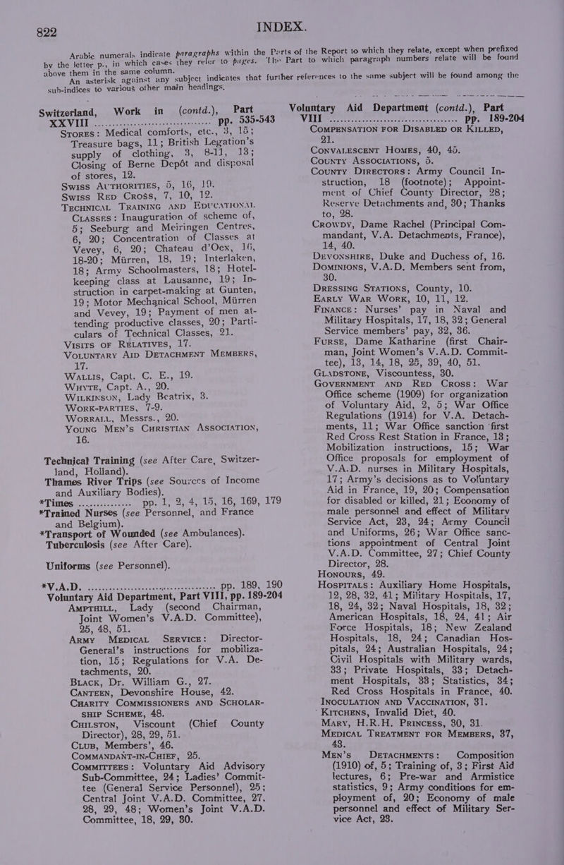 Arabic numerals indicate paragraphs within wee mews e eer n eter sacer oie 6.6 ay 0).6.W ee lei Le supply of clothing, Closing of Berne Depét and disposal of stores, 12. Swiss AuTuorities, 5, 16, 19. Swiss Rep Cross, 7, 10, 12. TECHNICAL TRAINING AND EDUCATIONAL Crasses: Inauguration of scheme of, 5; Seeburg and Meiringen Centres, 6, 20; Concentration of Classes at Vevey, 6, 20; Chateau d’Oex, 16, 18-20; Mirren, 18, 19; Interlaken, 18; Army Schoolmasters, 18; Hotel- keeping class at Lausanne, 19; In- struction in carpet-making at Gunten, 19; Motor Mechanical School, Mirren and Vevey, 19; Payment of men at- tending productive classes, 20; Parti- culars of Technical Classes, 21. Visits OF RELATIVES, 17. VotunTarRyY AID DETACHMENT MEMBERS, sie Watus, Capt. C. E., 19. Whyte, Capt. A., 20. Wikinson, Lady Beatrix, 3. Work-PaRTIES, 7-9. Worrat., Messrs., 20. Youna MeEn’s CurRisTIAN ASSOCIATION, 16. Ampruitt, Lady (second Chairman, Joint Women’s V.A.D. Committee), 25, 48, 51. Army MepicaL SeErvIcE: Director- General’s instructions for mobiliza- tion, 15; Regulations for V.A. De- tachments, 20. Brack, Dr. William G., 27. CANTEEN, Devonshire House, 42. CuHarity COMMISSIONERS AND SCHOLAR- sHip SCHEME, 48. CurLsTon, Viscount Director), 28, 29, 51. Cius, Members’, 46. COMMANDANT-IN-CHIEF, 25. ComMITTEES: Voluntary Aid Advisory Sub-Committee, 24; Ladies’ Commit- tee (General Service Personnel), 25; Central Joint V.A.D. Committee, 27, 28, 29, 48; Women’s Joint V.A.D. Committee, 18, 29, 80. (Chief County INDEX. * TIMES ooo. see pp. 1, 2, 4, 15, 16, 169, 179 *Traimed Nurses (see Personnel, and France and Belgium). *Trausport of Wounded (see Ambulances). Tuberculosis (see After Care). Uniforms (see Personnel). ®VUALD, cc ccakeg tics ease ee ee pp. 189, 190 Voluntary Aid Department, Part VIII, pp. 189-204 eee ee a ry pp. COMPENSATION FOR DISABLED OR KILLED, 21. CONVALESCENT Homes, 40, 40. County ASSOCIATIONS, 5. County Directors: Army Council In- struction, 18 (footnote); Appoint- ment of Chief County Director, 28; Reserve Detachments and, 30; Thanks to, 28. Crowpy, Dame Rachel (Principal Com- mandant, V.A. Detachments, France), 14, 40. DEVONSHIRE, Duke and Duchess of, 16. Dominions, V.A.D. Members sent from, 30. DreEssiInG Stations, County, 10. Earty War Work, 10, 11, 12. Finance: Nurses’ pay in Naval and Military Hospitals, 17, 18, 32; General Service members’ pay, 32, 36. Furst, Dame Katharine (first Chair- man, Joint Women’s V.A.D. Commit- tee), 13, 14, 18, 25, 39, 40, 51. GLADSTONE, Viscountess, 30. GOVERNMENT AND ReD Cross: War Office scheme (1909) for organization of Voluntary Aid, 2, 5; War Office Regulations (1914) for V.A. Detach- ments, 11; War Office sanction ‘first Red Cross Rest Station in France, 18; Mobilization instructions, 15; War Office proposals for employment of V.A.D. nurses in Military Hospitals, 17; Army’s decisions as to Votuntary Aid in France, 19, 20; Compensation for disabled or killed, 21; Economy of male personnel and effect of Military Service Act, 28, 24; Army Council and Uniforms, 26; War Office sanc- tions appointment of Central Joint V.A.D. Committee, 27; Chief County Director, 28. Honours, 49. Hospitats: Auxiliary Home Hospitals, 12, 28, 32, 41; Military Hospitals, 17, 18, 24, 32; Naval Hospitals, 18, 32; American Hospitals, 18, 24, 41; Air Force Hospitals, 18; New Zealand Hospitals, 18, 24; Canadian Hos- pitals, 24; Australian Hospitals, 24; Civil Hospitals with Military wards, 33; Private Hospitals, 33; Detach- ment Hospitals, 33; Statistics, 34; Red Cross Hospitals in France, 40. INOCULATION AND VACCINATION, 31. Mary, H.R.H. Princess, 30, 31. MEDICAL TREATMENT FOR MEMBERS, 37, 43. Men’s DETACHMENTS: Composition (1910) of, 5; Training of, 3; First Aid lectures, 6; Pre-war and Armistice statistics, 9; Army conditions for em- ployment of, 20; Economy of male personnel and effect of Military Ser- vice Act, 28.