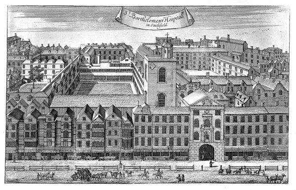 M0010303: St Bartholomew's Hospital, London: bird's-eye view of the Henry VIII gate and courtyard