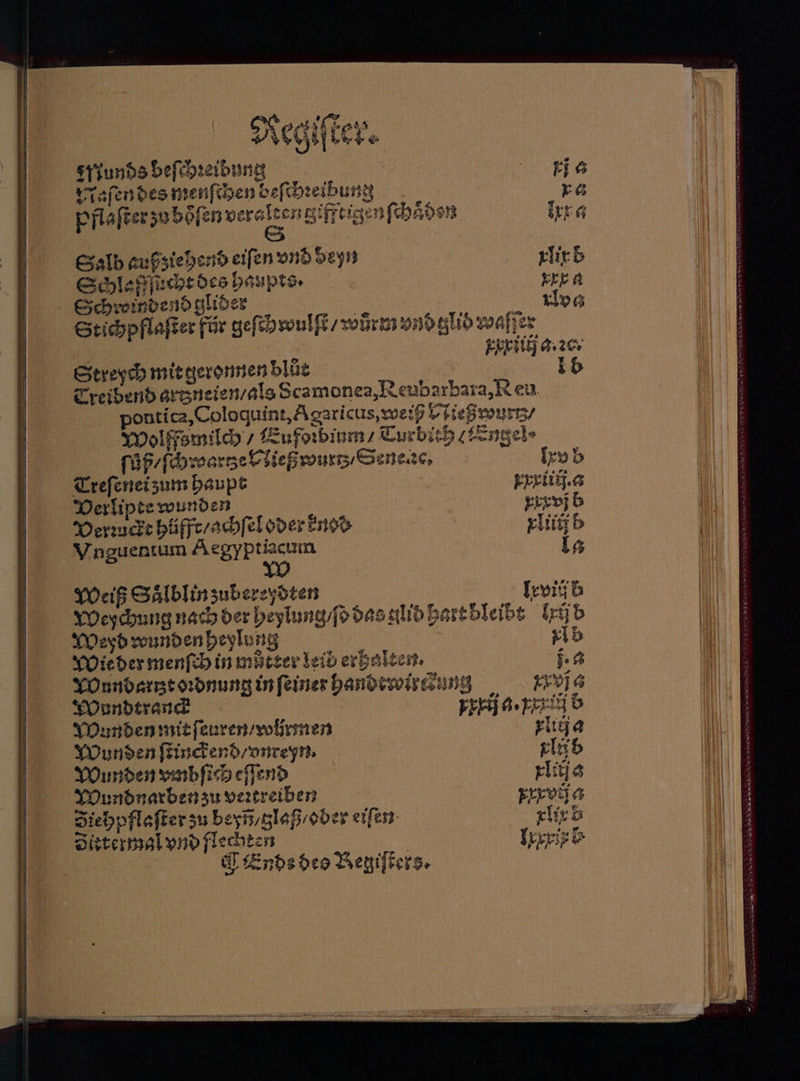 syjunds befihreibung Kisfendes menſchen beſchꝛeibu 18 25 pflaſter zo böſen veralten giftige nſchůdon S Salb außziehend eiſen vnd deyn Schlaßfſucht des haupts. Schroindendglider | | Stichpflaſter für geſehwulſt / wůrm vnd glid waſſer 8 ker 8. 20.5 Streych mit geronnen blůt ib Treibend artzneien / als Scamonea,Reubarbara,R eu. ontica, Coloquint, Agaricus, weiß Vfteßwurtz / Wolſßfsmilch / Eufoꝛbium/ Turbith elengel⸗ ſůß/ſchroartze HNießwurtz / Sene nc. xv b Treſenei zum haupt xxxiiij. a Verlipte wunden xrxvj b Verꝛuckt hüfft / achſel oder knod xliiij b Weiß Saͤlblin zubereydten Ixviij b Weßchung nach der heylung / ſo das glid hart bleibt lxijd Weyd wundenheylung Alb Wie der menſch in můtter leib erhalten. . a Wunbartzt oꝛdnung in ſeiner handtroirckung vj a Wundtranck pxxij a.xxxiij d Wunden mit ſeuren / wirmen xliij a Wunden ſtinckend / vnreyn. la b Wunden vmbſicheſſend xlitj a Wundnarben zu vertreiben xxxvij a Siehpflaſter zu beyñ/glaß / ober eiſen xlix b Zittermal vnd jlechten | Ixxxix b Ende des Begiſters.