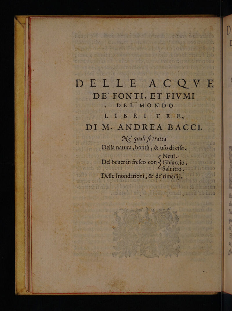 D'ETICE SA CR DE' FONTI, ET FIVMI .‘ | DEL MONDO dle Lod.aB Ro; Lis RN Bo Ù, DI M. ANDREA BACCI pd I Ne quali ft tratta I | Della natura, bontà, &amp; ufodi effe. | 12109 Neui.. Delbeuerin frefco con 3 Ghiaccio. LEO Ò ‘Salnitro. Delle Inondationi, &amp; de’'rimedij.