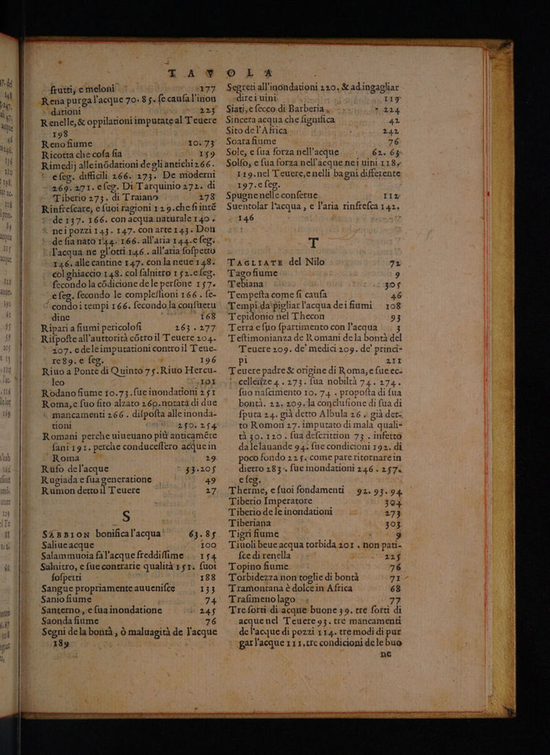 La 9 frutti; e meloni © MEZ Rena purgal'acque 70. 8 5. fe caufal'inon ‘ \dationi LIMIT +34 Renelle,&amp; oppilationiimputateal Teuere 198 Renofiume 10:73 Ricotta che cofa fia 159 Rimedi) alleinodationi degli antichi 266. e feo. difficili 266. 273. De moderni 069.271. efeg. Di Tarquinio 272. di Tiberio 273. di Traiano 278 Rinfrefcare, e fuoi ragioni 129.chefiinté de 137. 166. con acqua.naturale 140 + î pei pozzi 143. 147. con arte143. Don de fia nato 1144. 166. all'aria 144.c feg. è l'acqua ne gl'otri.146.. all'aria fofpetto 146. alle cantine 147. conla neue 148. col ghiaccio 148. col falnitro 152.efeg. fecondo la codicione de le perfone 157. ‘ efeg. fecondo le compleflioni 166 . fe- “«condoitempi 166. fecondo la confuetu dine COR TGS Ripari a fiumi peticolofi 263/0477 Rifpofte all’auttorità c6tro il Teuere 204. 207. edeleimputationi contro il Teue- re89. e feg. 196 Riuo a Ponte di Quinto 7 5.Riuo Hercu- leo i 40. Rodanofiume 10.73.fueinondationi 251 Roma,c fuo fito alzato 260.notata di due © mancamenti 266. difpofta alle inonda- toni HdaFOR 2:54 Romani perche uiucuano più anticamére fani191. perche conduceflero acquein Roina 29. Rufo del’acque ti33.20$ Rugiada efuageneratione |. 49 Rumon detto il Tcuere 27 CA SaBBION bonifical’acqua' 63.85 Saliue acque 1100 Salammuoia fal’acque freddiffime ... 154 Salnitro, e fue contrarie qualità rs1. fuoi fofpetti 188 Sangue propriamente auuenifce 133 Sanio fiume 74 Santerno.,-e fuainondatione 245 Saonda fiume : 76 Segni dela bontà, ò maluagità de l'acque 189 O £ * Segreti all'inondationi 220, &amp; adingagliar direi uini: NE e 119° Siati,e {ecco di Barberia,, » 224 Sincera acqua che fignifica 42 Sito de lAfiica - 242 Soarafiume 76 Sole, e fua forza nell’acque 62. 63» Solfo, e fua forza nell’acque nei uini 118» 119.nel Teuere,enelli bagni differente 197.e feo. i Spugnenelle.conferue I12 Suentolar l'acqua , e l’aria rinfrefca 142. 146 SERI den T Pattbane «del Nilo e 72 Tasofiume 9 Tebiana ;£ ‘306 Tempefta come fi caufa 46 Tempi. da\pigliar l'acqua deifiumi 108 Tepidonio nel Thecon 93 Terra e fuo fpartimento con l’acqua Teftimonianza de Romani dela bontà del Teuere 209. de' medici 209. de’ princi+ pi 211 Teuerepadre&amp; origine di Roma,e fueec- i«cellerize 4.273. fua nobiltà 74. 274. fuo nafcimento 10.74 . propofta di fua bontà. 22. 209.la conclufione di fua di fputa 24. già detro Albula 26 + già det-, to Romon 27. imputato di mala quali- tà 30. 120. fua defcrittion 7} . infetto dalelauande 94. fue condicioni 192. di poco fondo 22 gs. come pare ritornare in dietro 283-. fue inondationi 246 . 257. _ efeo. 5 i Therme, e fuoi fondamenti . 92.97.94 Tiberio Imperatore 304 Tiberio de le inondationi 273 Tiberiana 303. Tigri fiume ì 9 Tiuolibeue acqua torbida 201 . non pati- fcedirenella ;- 225 Topino fiume 76 Torbidezza non toglie di bontà dI Tramontana è dolcein Africa 68 Trafimenolago . » 77 Treforti di acque buone 39. tre fotti di acquenel Teuere 93. tre mancamenti de l'acque di pozzi 114. tremodi di pur garl'acque 111.trc condicioni dele buo ne