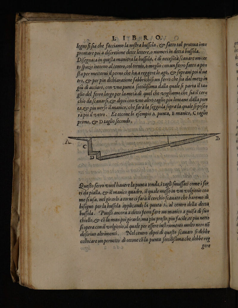 ill prontare poi a difcretione dette lettere,o numeri in detta buffola. | de Difegnatain queftamanitra la buffola, e di necefsia fcauare unker ui: to (pazio intorno altentro,coltornio, omeglio CON unferro fatto apo= l, @ ftaper metterti il perno che haa reggere lo.agò; € fopravi poi ilue | tro, <> per pia dichiaratione fabbrichi/iun ferro che fia dal mezgin lE | iù di acciaro; con una punta fottiliffima dalla quale f1 parta il ta= ‘n lio del ferrolargo per lameta:di quel che vogliamo che fail cers | chio dafcauarfi,cxdipoi conuno altro taglio piu lontano dalla pun 1a, piu uerfo ilmanico; che farà la feggiola fopra la quale fo pofe= | in rh poi il vetro. Et etcone lo efempio A. punta, B.manico,,C taglio Du il primo, x D taglio fecondo, EA deco! E ld Ud ì | | | | Quefto ferro cvitol hanere lapuntà ronda;i tagli fmuffati come fer ri da pialla, <il manico quadro, il quale ine[fo in dvn volgitoio cos re fifa; nel girarlo a torno ci farti cerchio foaiuato che haremo di, bifogno perla bufola applicando la ‘punta Az al centro della derta buffola: Puoi ancora aderto ferro fare umimanico è guifa di faz LE chiello,eo» cò laman poi girarlo;ma piu prefto:piafacile;et piu netto di | fioperacon ilwvolgiroio;il quale per effere inftrumento molto noto no “(I defcriuo altrimenti. “N el centro dipoi di quefto fcamato frdebbe | 6 collocare un permetto di ottone cola punta fotciliffima chè debbe reg | | gere