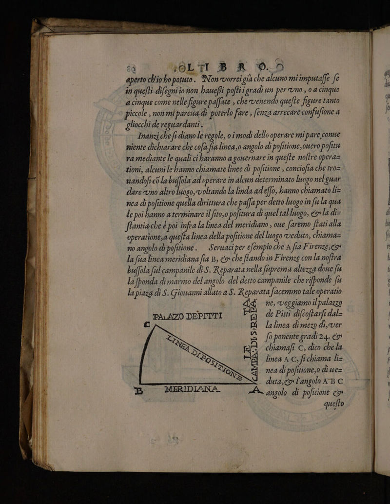 aperto ch'io ho potuto. Non vorrei già che alcuno mi imputa[fe fe in quelli difegni io non haneft poftii gradi un per no ; 0 a cinque a cinque come nelle figure paffate > che venendo quefte figure tanto piccole , nonmipareua di poterlo fare , (enza arrecare conftfione a gliocchi de reguardanti . « Inanzichefedianole regole, oi modi della operare mi pare cone miente dichiarare che cofa fia linea,o angolo di pofstirme,oero pofitu ramediante le quali ci baranno agouernare in quelte noftre opera= zioni, alcuni le hanno chiamate linee di pofitione , conciofia che tro= mandoficò la buffola ad eperare in alcun determinato luogo nel guar dare uno altro luogo, voltando la linda adeffo, hanno chiamato li= nea di pofitione quella dirittura che paffa per detto licogo in ft la qua le poi hanno a terminare il fito,0 pofitura di queltalluogo, > la di= fantiache è poi infra la linea del meridiano; oue faremo frati alla operatione,a quefta linea della pofitione del luogo veduto, chiama= no angolo di pofitione. -—Seruaciper efempio che A fia Firenze,e9 la (ua linea meridiana fia 8, > che tando in Firenze con la noftra buffola fil campanile di S. Reparata nella fsprema altezza done fu la [ponda di marmio del angolo del detto campanile cherifponde fu lapiaza di S. Giouanni allato a S. Reparata facemmo tale operatio did ne, veggiamoil palazzo PO de Pitti difcoftarfi dal= PD lalinea dimew di, ver a foponentegradiz4. &amp; > RI chiamafi C, dico chela ‘DI DI 3 di linea A C, fi chiama li= ION 9 nea di pofssione,o di ue= | SS. dita, l'angolo AB Cc LÀ angolo di pofitione «> quefto i PALAZO DEPITTI “x MERIDIANA