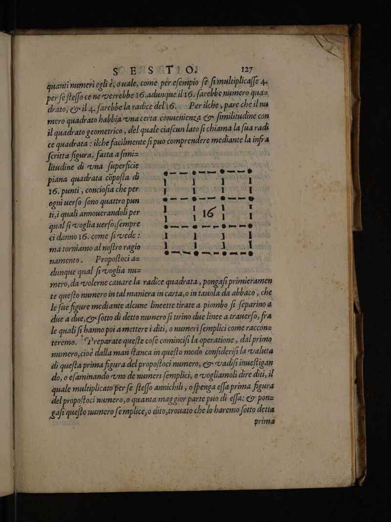 SO BIS ATTO! 127 quanti numeri coli è) duale, come per efenipio fe firmultiplicaffe 4: perfe feffo cene verrebbe 16.adunque il t6; farebbe numero quas, drato; es il 4. farebbela radice del 16. - Per ilches pare. che ila mero quadrato habbia vnacerta comenienza <3 fimailitudine con il quadrato geometrica ; del quale ciafcun lato fi chiama la (ua radi ce quadrata : ilche facilmente fipuo comprendere mediante la infra ferita figura, fatta afimi= | litudine di na fuperficie | animi) | i, G- —_ -__0 = piana quadrata copofta di i De i 16. punti ; conciofia che per.» y I I Ù ogni nerfo fono quattro pun a- —o—_— aT—-% ti,i quali annouerandoli per Lovicail 16 ì 3 qual fi voglia uerfo;fempre La CA a Lalla, : zola ci danno 16. come fivede : 1 1 podio] ma torniamo al noftro ragio Ì i I I * @ lei na î namento . Propoltoci 42 è dunque qual fe voglia nu= | | mero,da volerne caware la vadice quadrata , pongafi primieramen se quefto numero in tal maniera in cartao in tavola da abbaco, che le foce figure mediante alcune lineette tirate a piombo fi feparino a due a due, fotto di detto numero fî turina due linee a crauerfo, fra le quali fi hanno poi amettere i diti, o numeri femplici come raccon= seremo. Preparate quefte cofe comincifi la operatione , dal primo numero,cioe dalla man Ranca in quefto modo confederift la valuta di quefta prima figura del propoftoci numero, 5 vadifiinveftigan do, o efaminando «uno de numeri femplici, 0 vogliamoli dire diti, al quale multiplicato per fe Steffo annichili ; 0 fpenga e(fa prima figura del propoltoci numero,o quanta maggior parte puo di e(fa: €o: pon= gafe quefto numero femplice,o dito,trowato chelo haremo fotto detta prima