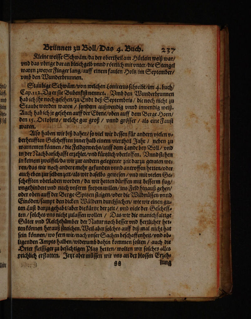 Kleine weile Sehwaͤm / da der oberthell am Huͤtlein weiß war / vnd das vbrige daran bleich gelb vnnd roͤttlich mit vnter / die Stengel waren zweyer Finger lang / auff einem fanlen Holtz / im September / vmb den Wunderbrunnen. Staubtge Schwaͤm / von welchen Loniterus ſchreibt / im 4. buch / Cap. 112. Da er ſie Bubenfiſtnennet. Vmb den Wunderbrunnen hab ich jhr noch geſehen / zu Ende deß Septembrts / die noch nicht zu Staube worden waren / ſondern außwendig vnnd inwendig weiß. Auch hab ich jr geſehen auff der Ebene / oben auff dem Berge Horn / den 15. Oetohrts / welche gar groß / vnnd groͤſſer / als eine Fauſt waren. 0 | 2 | | Alſo haben wir biß daher / ſo viel wir deſſen für andern vielen v⸗ berheufften Geſchefften jnner halb einem viertheil Jahr / neben zu warnemen koͤnnen / die Feldgewechs / auff dem Lande bey Boll / vnd in der Nachbarſchafft erzehlet / vnd kuͤrtzlich vberloffen. Vnnd ſtehen in keinem zweiffel / da wir zur andern gelegener zeit darzu geraten we⸗ ren / das wir noch andere mehr gefunden vnnd antroffen hetten / oder auch eben zur ſelben zett / als wir daſelbs geweſen / vnd mit vtelen Ge⸗ ſchefften vberladen worden / da wir hetten duͤrffen mit beſſerm fug / vngehindert vnd nach vnſerm freyen willen / ins Feld hinauß gehen / oder oben auff der Berge Spitzen ſteigen / oder die Wildnuͤſſen vnnd Einoͤden / ſampt den dicken Waͤldern durchſuchen / wie wir einen gu⸗ ten Luft darzu gehabt / aber die kuͤrtze der zeit / vnd viele der Geſcheff⸗ ten / ſolches vns nicht zulaſſen wollen / Das wir die manichfaltige Guͤter vnd Reichthuͤmber der Natur noch beſſer vnd herꝛlicher het⸗ ten koͤnnen her auß ſtreichen. Weil aber ſolches auff diß mal nicht hat ſein koͤnnen / wo fern wir / nach vnſer Sachen beſchaffenheit / vnd ob⸗ ligenden Ampts halben / widerumb dahin kommen ſolten / auch die ster fletſſiger zu beſichtigen Platz hetten / wolten wir ſolches alles | ssichlich erſtatten, Jenzt aher muͤſſen wir uns an der hloſſen e a 88 mug