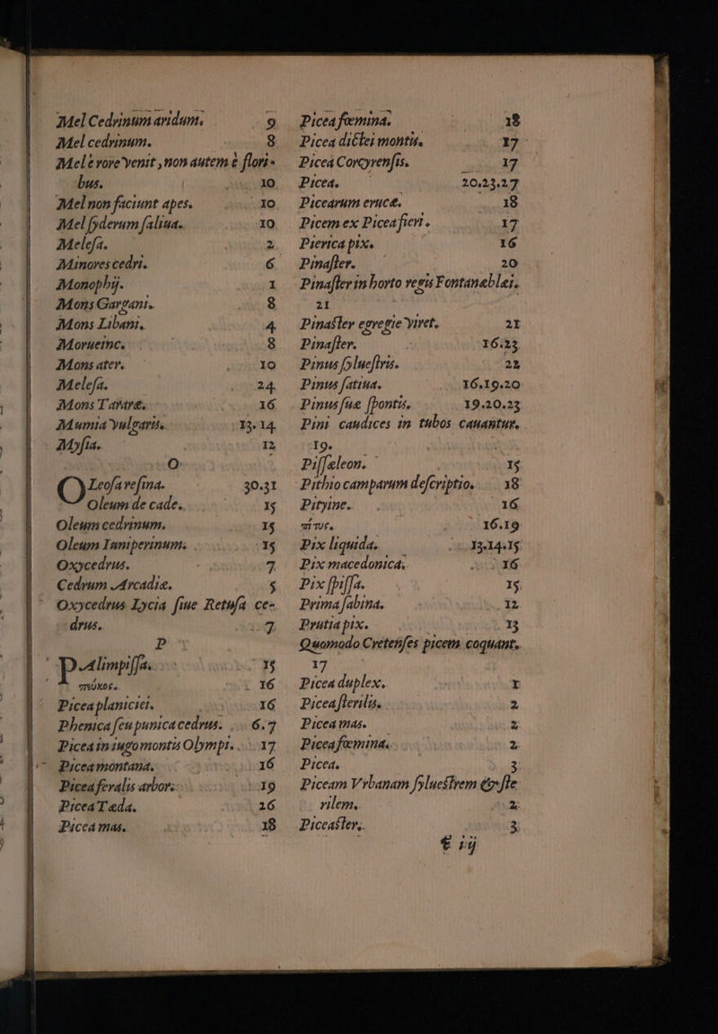 ———— ( EL. Mel cedi. p 8 Mele vore'yenit ,non autem &amp; flori — bus. | ver MON, 7Melnonfaciunt apes, — xo. AMel fyderum faliua. 10 Melefa. — 2 Minores cedri. ó Monophj. P AMons Gargant.. 65:8 Mons Lii. 4. Moruermc. 8 Mons ater. | IO 7Melefa. | 24. Mons T avare. 16 Mumia Yulgaris. 13. 14. Mofa. —— | 12 | | O: ; (Qu vefimd. —— 30.31 Oleumdecade, I Oleum cedrimmum. 1j Oleum Inmiperinum. |.......1$ Oxycedrus. 2 23 Cedrum Arcadie. drus. ng 7I£UX0$ e : LN 16 Picea planiciet. | I6 Pbhenica feu punica cedrus. ...6.7 Picea montana. jute abad Piceafevalis arbor; 039 Picea T eda. Aud 26. Picea mas. Picea a femina, uon Picea diClei montis. 17 Piceá Corcyrenfis. puo Piyed. 20,123.27 Picearum eruce. 18 Picem ex Picea fien . 17 Piertca px | 16 Pina[ler. : 20 Pinafler in borto vegis Fontanable;. ZI m Pinafler egregie yet. — 2I Pinafler. | 16.25. Pinus foluefiris. 722 Pinus fatiua. 16.19.20: - Pinus fue [pontis, 19.20.23 Pimi caudices 1m. tubos CAHABEUE, I9. Pil[eleon. | 11$ Pithiocamparum d eeripti 0. 18 Pityne. — . 16 aiU. | | 16.19 Pix liquida, v eid g: Pix macedonica;. EUN (71 Pix[Mf[a —— I5, Prima Jabima. usn 12 JPrütldpix. ——. (15 Quomodo Cretenfes pim coqudnt.. 17 Picea duplex. Picea fleri. Picea mas. Piceafeemina. Picea. : Piceam V rbanam fyluestrem qt» Jie xlem. c 2 Piceastev,. vw oÁ|BSM