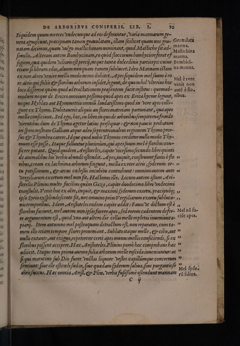 nera aeno[cunt, praecipuam tamen geanulatam , illam fcilicet quam nos gva-. Gt nulata natam dicimus,quam Yulgo mastichimam nominant, quod Mattiche fit ad- Mun fimilis, La lteyam autem Bombycinam,eo quod floccorum bombycisvefevat ef. yan, figiem,qua quidem yilioraefl preci neque taut dulcedmis particeps: cutus. Bombici- etiam ft libram edas, aluum nunquam tamen fabdncet.Ideo Mannam islam à manna, ex rore aereo Yeuire mellis modo nemo dubitet. /4 pes [siquidem mel fuum évo Tor ve aéris qui foliis eg» floribus arborum in[idet,lepunt, de quo mbil vlterius boc 4 er loco di[[erere quam quod ad tractationem prefemtem facit m[itui : quemad- awté 8 flo. modum neque de Eviceo omnium pe[ttmo quod apes ex Erica Dyeme legunt, ribus. neque Hbleo aut Hymmettio omnii laudatifermo quod im yere apes colli- guntex T hymo. Dubitauenit aliquis an [lores materiam parturiant , qua apes mella conficiunt. Sed ego, boc, 1m libro tn quo de arboribus empiterna /fronde Yirentibus dum de T bymoapetur latius perfequar : («non paucts probatum ini bero noflram Galliam atque adeo feptentrionalem ve gionem T hymo pror- Jus eo T byinbra carere.Idque quod nobis T hymus creditur nullo modo T5- mum e[Je po[[e . Itaque falluntur plurimum qui apes (uuum mel e floribus con- ficere putant. Quod quidem vi[ioteles, capite vicefimo fecundo libriquinti — de animalibus bis yerbis abunde oflendit. /4pes,imquit, con[liruunt fauos € flo. » vibus,cevam ex lachrima arborum fingunt , mella exvove a£vis , [derum . or- » tu potiffimum , «9 arcus caelefuts tncubitu contrabunt : omninoautem ante Yerojliarum exortum mel non fit. FIaGlenus ille. Locum autem t[ium J4vi- flotelis Plinius multo facilius quàm Gaxa , capite duodecimo libri yndecimi tran[lulit. Venit boc ex atre, inquit, (o maxim (yderum exorta, praciptiéqs s, ipfo $yrio ex[blende[cente fit; necomnino prius Vergiltarum exortu fabluca- 5, nistemporibus. Idem JAvifloteles eodem capite addit : Fauos'yt di&amp;lum efl e. ,, floribus faciunt, mel autem mon ipfas facere apes , fed vorem cadentem defer- Mel nó fa ye ayramentum efl , quod yno aut altero die cellas melle vepletas ipueniumta- C 3Pe* piarj. Item autumno mel po[leaquam detraCtum e[L, non veparatur, cum ta- men illo etiam tempove flores prouemant . Sublato taque melle , (5 ciboaut nullo extante,aut exiguo ,repetevent certe apes munusmellis conficiendi, fi ex. ? floribus po[Jent accipere. FI c /ai[loteles.P linus porró boc comprobans bec ? adicit. Itaque tum prima aurora folia arborum melle rofcida sauentuntur: ac fiqui matutino (ub Dio fuere YnGlas liquore ve[les capillimque concretum ? fentiumt: fiue tle e[Lcoelt fador, [iue quedam (ydevum (aliua, fiue purgantis fe deris fuccus, HL ec omnia ,A4vi]l. qo» P lim, verba fufifime oflendunt mannam . à £iua, c ij ! Are mes i E