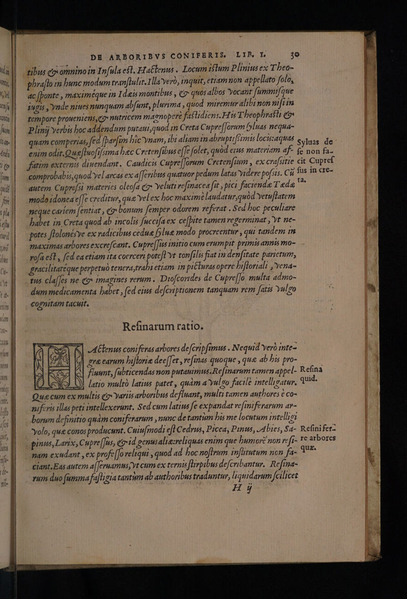 phraflo im bunc modum tranftulit.1 lla yeyó, inquit, etiam non appellato folo, ac [bonte , maximeque in Idas yontibus , cz quos albos yocant fümmifque dapis , Ynde nies nunquam abfunt, plurima , quod miremur alibi non m[iim tempore proueniens, gg nutricem maenopere fastidiens. Hs T beophrasti e Plinij yerbis boc addendum putauiguod rm Creta Cupre[Jorum [luas nequa- quam comperias, fea [bars comprobabis, quod Yel arcas ex a[[evibus quatuor pedum latas videre pofsis. C autem Cuprefsi materies oleofa ee veluti refinacea fit , pic facienda Teda modo idonea e[]e creditur, qua yelex boc maxime laudatur quod yeru[latem neque caríem [entiat , cz bonum femper odorem veferat . Sed boc peculiare babet in, Creta quod ab 1ncolis fuccifa ex ce[bite tamen regerminat , Yt ne- potes flolonésye ex radicibus cedue [lue modo procreentur , qui tandem mm maximas avboves excrefcant. Cupre[Jus vitio cum erum pit primis anni mo- rofa est , fed ea etiam tta coerceri potefl vt tonfrlis fiat im denfitate parietum, gracil ateque perpetuo tencragtrabi etiam im pitturas opere biflorialt , Yena- tu5 cla[fes ne e mmagimes rerum . Diofcorides de Cupre[[o. multa admo- dum medicamenta habet , (ed eius de[cuptionem tanquam vem fatis Yulgo cognitam facuit. | Refinarum ratio. LNRTS S A Glenus coniferas arbores defcripfumus . Nequid yero imte- d bd 1 gre earum lijlorie dee[Jer , vefmas quoque , que ab bis pro- d-Ecsa ka] fluunt, fabticendas non putauimus.Re[inarum tamen appel- CIS 4 | latio multà latius patet , quàm a'Yuleo facile imteligatur. Qua cum ex multis qg«Yariis arboribus defiuant, multi tamen autbores € co- uferis illas peti intellexerunt. Sed cum latius fe expandat ve[miferarum ar- borum definitio quàm coniferarum ,numc de tantum bis me locutum intellios olo, qu&amp; conos producat. Cuiu[modi efl Cedrus, Picea, Pinus, ,A bres, $a- pinus,Larix, Cupre (Ius, eo» 1d genus alie:reliquas enim que humore non reft- nam exndant y ex profe[[o reliqui , quod ad. hoc noflrum. (m[ututum non fa- ciant.Eas autern a[Jeruamusyyt cum ex ternis fHrpibus defcribantur. Reftna- vum duo (amma fe[ligia tantum ab authoribus traduntur, liquidarum fcilicet Hj ta. Refina quid. R efini fer re arbores quz.