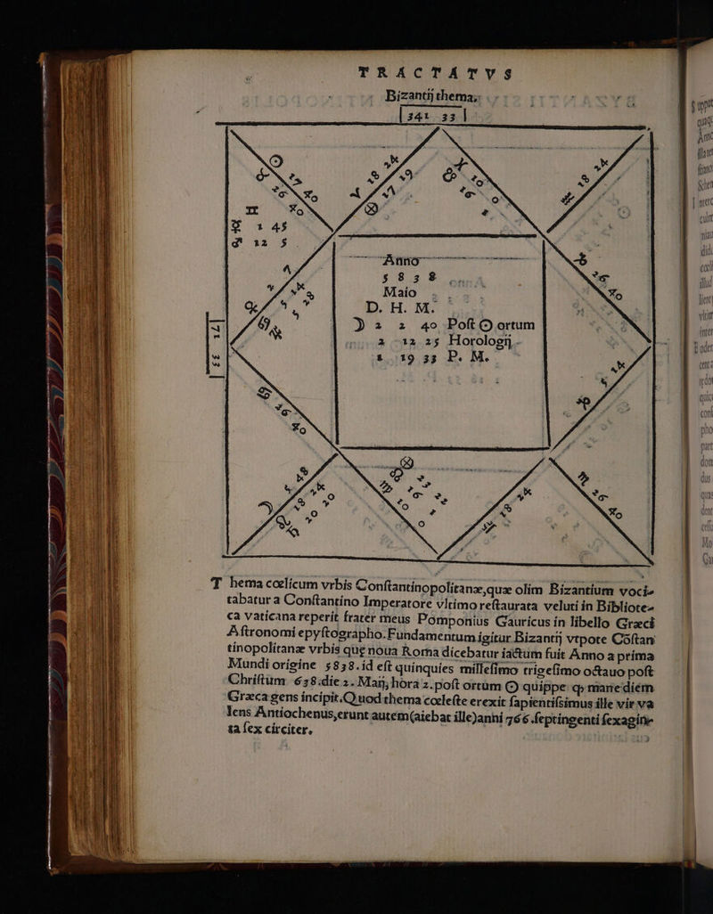 TRACTAÀTVS Bizanti thema; . . | jon i i | hun | (lt | (lino | che | | niet | cuit  L Cui $8389 nA : a Maio $4... | Bg D. H. M. Ax IN 32 zz 4o PoftQ ortum. NEN pm 2 12 25 Horologi,. zs n | -—-— 19 33 P. e | (t: | | Cell Và qua olim Bizantium voci» | Chriftum. 638.die 2. Maij; hora z. poft ortum (9 quippe q»manediem. : » L L]  x , » D a L E L | | Graeca gens íncipit.C uod thema ccele(te erexit fapientifsimus ille vir va | lens Antiochenus,erunt autem (aiebat ille)anni 766.feptingentifexagine — M