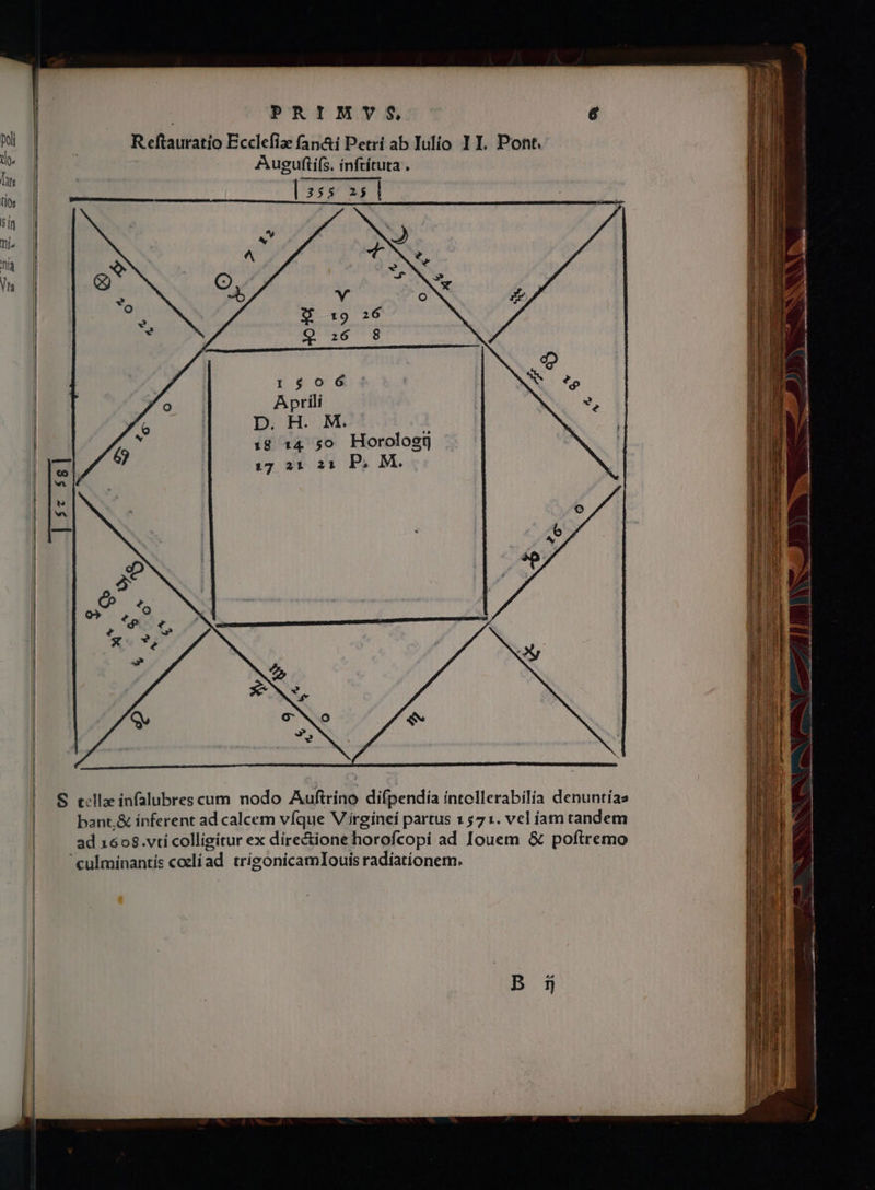 pol rg. Dis tios 5 1n Tij. Tia Vts PRIMYVS 6 R eftauratio Ecclefia fan&amp;i Petri ab Iulio 1I. Pont. Augufti(s. inftítuta . [559 3$ | S 19 26 | EU I0 9 1506 Aprili D.H. M. 1 18 14 50 Horologg 17 21 21 P. M. | $* $8] S tlle infalubres cum nodo Auftríno difpendía intellerabilia denuntías bant,&amp; ínferent ad calcem víque Viirginei partus 1571. vel íam tandem ad 1608.vti colligitur ex díre&amp;ione horofcopi ad Iouem &amp; poftremo ' culminantís coelíad trigonicamlIouis radíationem.