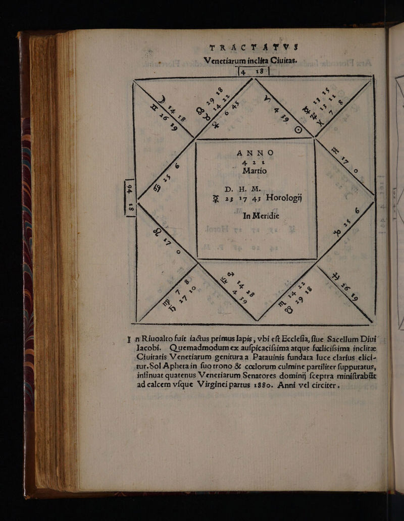 NVenetíarum ínclita Ciuitas. m. ü : Ta- i3 imet! OMNURe. nnno: nns ce MU mi i |. Er n ijo | | 8B ANNO l| | ri 42:1 | | | nu Martio Hg] W | Üü Ng D. H. M... nh L| 12 Hi $ 23 17 43 Horologr | d m In Meridie n IN 4| m. d X M LI 1h AE | SEMI Üg : : | f n j| Ciuitatis V enetíarum genituraa Patauiínis fundata luce claríus elici- | ,tur.Sol Aphetain fuo trono &amp; coelorum culmine partiliter fupputatus, ABI infinuat quatenus Venetiarum Senatores dominij fceptra miniftrabüt E ad calcem víque V irginci partus 1880. Anni vel circiter,