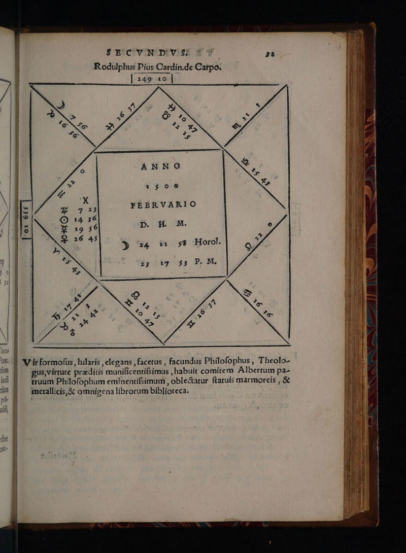S'ECCUVIN!DIVOSE Wd 2: Rodulphus Pius Cardin.de Catpo. [349 1o] ANNO 1506 FEBRVARIO p. H M. *» 4 0 553 'Horol. i23 17 $3 P. M, gus,virtute praeditis munificentifsimus , habuit comítem Albertum pa- metallicis,&amp; omnigena librorum biblioteca.