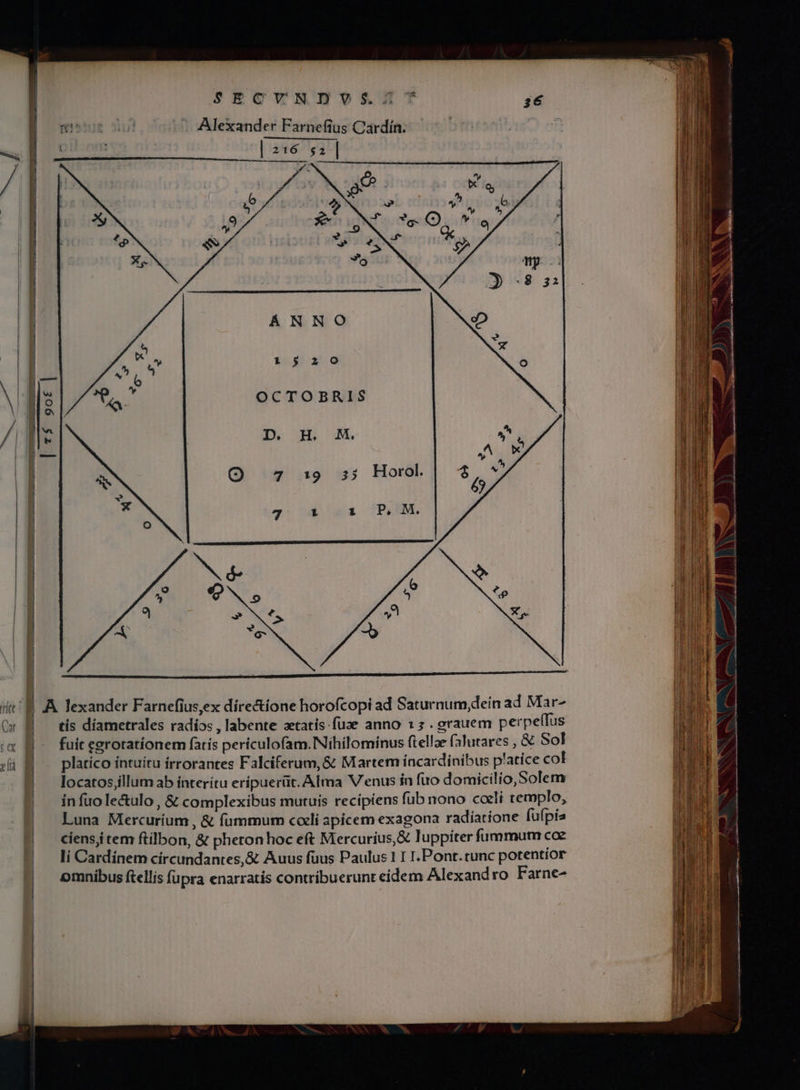 WS SEGVVSNUOTY»$24T 36 gir ut : Alexander Farnefius Cardín. 1520 OCTOBRIS A lexander Farnefius,ex directione horofcopi ad Saturnum,dein ad Mar- tis díametrales radios , labente zetatís.fuae anno 15 . grauem perpeffus fuit egroratíonem fatís perículofam.Nihilominus (tellae (alutares , &amp; Sol platíco intuíru irrorantes Falciferum,&amp; Martem íncardinibus p'atice col locatos;illum ab interítu erípuerüt. Alma V'enus ín fuo domicilio, Solem in fuo le&amp;ulo , &amp; complexibus mutuis recipiens fub nono cceli templo, Luna Mercuríum , &amp; fummum ccclí apicem exagona radiatione fuípia ciensji tem ftilbon, &amp; phetonhoc eft Mercurius, &amp; luppiter fummum coe li Cardínem círcundantes,&amp; Auus füus Paulus 1 I I.Pont.tunc potentior omnibus ftellis fupra enarratis contribuerunt eídem Alexandro Farne-