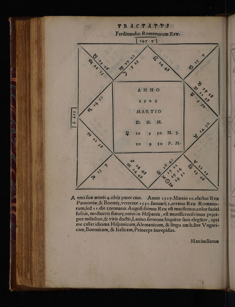 t m pow 74 RACTATV:S Ferdinandus Romanorum Rex. ANRNO *€5403 MARTIO p. H M. 10 Pannoníz,&amp; Boemiíe,vertente 15 5 1.Ianuarij 5.creatus Rex R omano- rum,fed 1 1.díe coronatus. Auguftifsimus R ex eft macilentus,color facíei fufcus, mediocrís ftature,natus ín Hifpanía , eft munificentifsimus preci- pue milítibus,&amp; viris doctis,Latíno fermone loquitur fatis elegater , optí me callet ídíoma Hifpanicum,Alemanicum, &amp; lingu am habet V ngari- cam,Boemícam, &amp; Italicam, Prínceps íntrepidus. Maximilianus