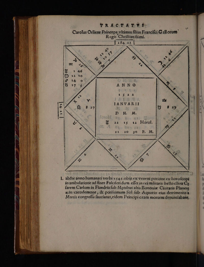 | TRACTATYS Carolus Orliens Princeps, vltimus filius Francifci Gall orum. Regis Chriftianifsimi. [354,4 | ANNO i d IANVARII D H M. tdt dac mte ínambulatíone ad fines Falciferi dum effer ín reí milítarís bello cotra Ce farem Carlum ín Flandría fub Menibus altis Bónoníze Ciuitatis Planete &amp;-in'cacodemone , &amp; potiísímum Sol fub Aquario eius. detrímento a Martís congreflu fauciatus,eidem Principi ctam mortem denuntíabant.