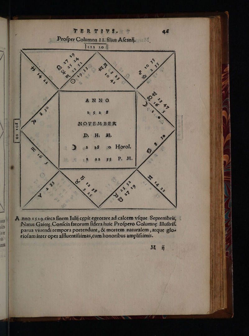 NOVEMBERK D. H M. :o. Horol. P. M. À nno 1529.circa finem Iulij cepit egrotare ad calcem víque Septembris, . INatus Gaíete, Confcia fatorum fidera huic Profpero Columng Illuftrif, parua viuendi tempora portendunt, &amp; mortem naturalem , arque glo» riofam ínter opes affluentifsímas,cum honoribus amplifsimis. M ij