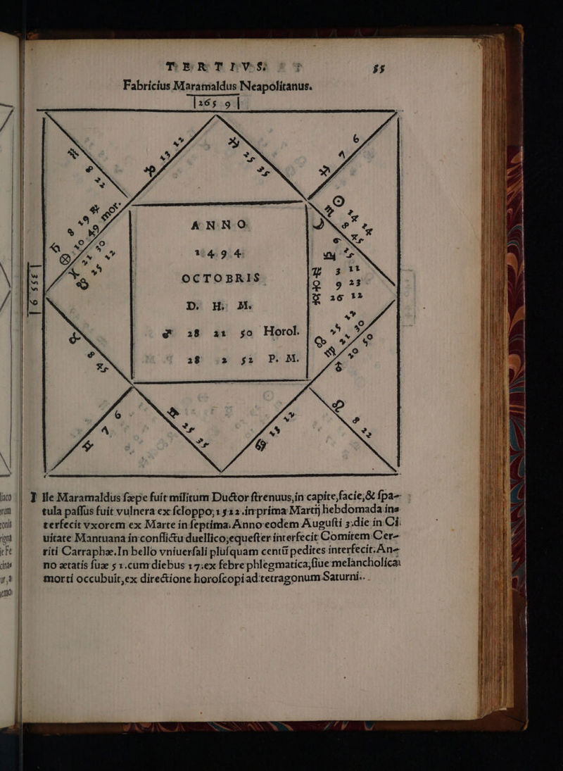 1.49. 4 OCTOBRIS. D. H. M. &amp; 328 ai: 5o Horol P. M. 7 ] lle Maramaldus fepe fuit militum Duétor ftrenuus;in capite;facie;&amp; fpa tula paffüs fuit vulnera ex fcloppo;1 $22 .impríma Martij hebdomada ins terfecit vxorem ex Marte ín feptima. Anno eodem Augufti s;die ín Ci. uitate Mantuana in confli&amp;u duellico;equefter interfecit Comitem: Cer-^ riti Carraphae.In bello vníuerfali plufquam centüi pedites interfecit. An^ no zetatís füze s 1.cum diebus 17:ex febre phlegmatíca;fiue melàncholicas morti occubuit,ex dire&amp;íone horofcopiad tetragonum Saturní..