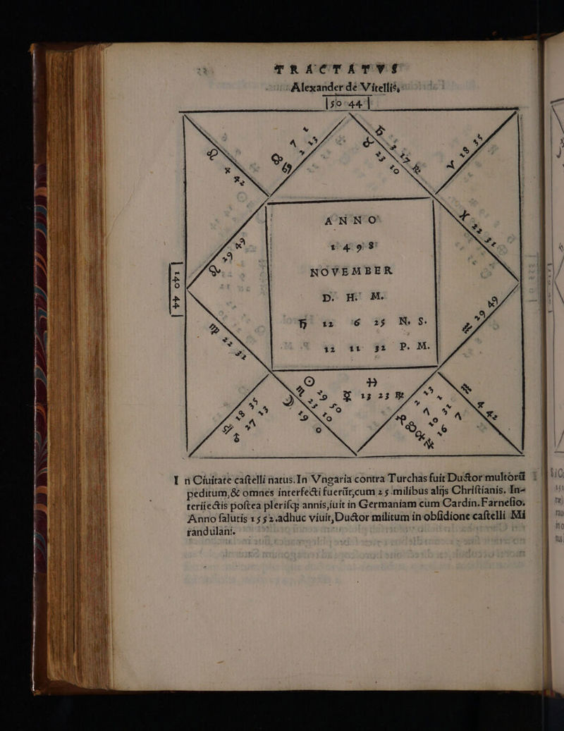 aW ds TRÁACTATVT | | i 1 2 ATexander de V'ítellis;: | n NEU ITIIBNNMMENE T M l| a! j Ls [ :  | qn | PNE | | | : ANNO Í | GOMEGUS P Hg j 1 4.9 8 P | | IN n IZ NOVEMBER | Paw 1 Hu | | | | E d 5m M T * ^d |  | ; 1- | 25 a | | | I n Cíuitate caftelli natus.In Vngaría contra Turchas fuirDus&amp;ormultorü | Bm peditum, &amp; omnes interfecti fuerütcum 2 5 milibus alijs Chriftíanis. In» 1 ^ teríiectis poftea plerífcg annís,íuit in Germaniam cum Cardin.Farnefio. — | '* Anno falutis 1 5 52 adhuc víuit,Du&amp;or militum inobfidione caftelli Mi — 1 randulani. | | |