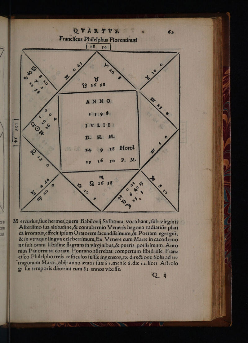 QVAR TY$ . 63 Francifcus Philelphus Florentinus? [8 s4 | d | D | 41 : E 'H ET ! UN J m ni l | ! xh. 8 M ercuríus,fiue hermes,quem Babiloni] Stílbonta vocabant ,fub víreínis m 8 — Afteríímo fua altitudine, &amp; contubernio Venerís hegona radiatióe plati at B ^— caírroratus,effecit ipfum Oratorem facundifsimum,&amp; Poetam egregiít, &amp; in vtraque lingua celeberrímum,Ex V enere cum Marte in cacodemo nt fuit omní líbidine flagrans in vireinibus,&amp; puerís potifsimum. Anto níus Panormiíta coram Pontano a(lerebat compertum fibi fuiffe Fran- cííco Philelpho treis teftículos fuiffe ingenitos,ex directione Solís ad ce- oi fui temporis díxerínt eum 85.annos viíxiffe. — Q ij ——— À—— M ÀÀ— —À—