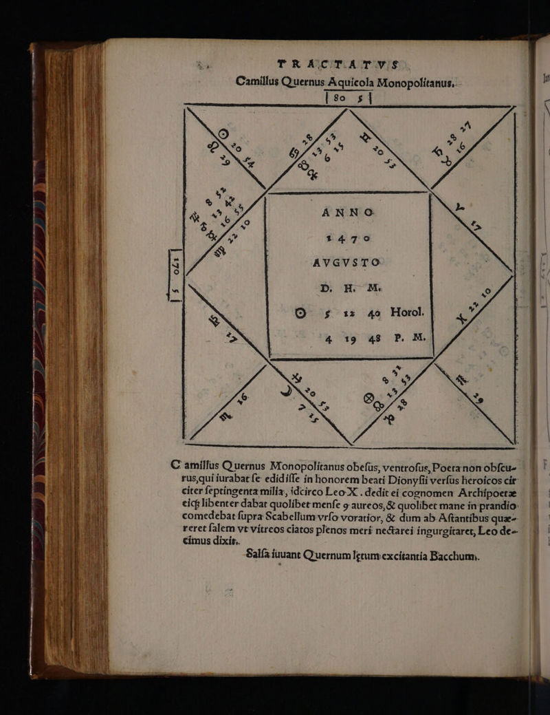 TRACTAT VS Camillus Quernus Aquícola Monopolítanus..- | [3o s| | 1 M (E I | | bi 1 ZEN | : VE t nn i Ru ; | i | | | | EMN d Ün dM Wi | | Hr 1| à n» ' 1470 [Í- »a | fb : I^ M D i la 1 M LES C amilfus Q uernus Moonopolitanus obefüs, ventrofüs, Poetanonobfcu- | T. ! rus,qui iurabat fe edidiffe in honorem beati Dionyfii verfus heroicoscir. — 3 citer feptíngenta milia, idcirco Leo-X . dedit ei coonomen Archipoetx — * : cicg libenter dabat quolibet menfe 9 aureos, &amp; quolibet mane in prandio: 9 ! comedebat fupra Scabellum vrfo voratior, &amp; dum ab. Aftantibus qua^ 7 reret falem vt vítreos cíatos plenos merí nectarei íngurgitaret, Leo de» — 9 cimus dixit. EH Salía iuuant Q'uernum lgtunyexcítantia Bacchum;