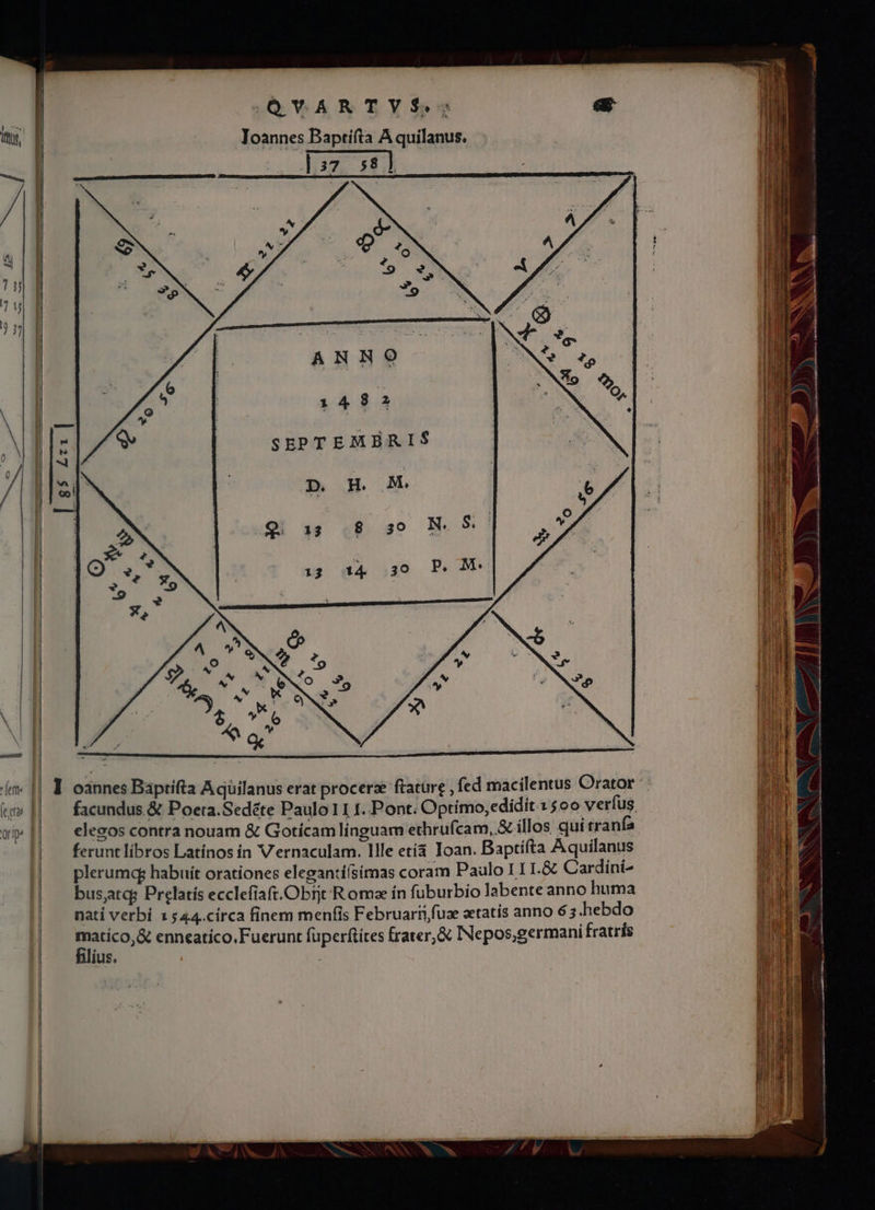 Joannes Baptifta A quilanus. 17 58] ANRSO 2482 SEPTEMBRIS ferunt libros Latínos in V ernaculam. Ille etíà Ioan. Baptifta Aquilanus plerumqg habuit orationes elegantíísímas coram Paulo L1T.&amp; Cardini- busty Prelatís ecclefiaft.Obrjt Romae ín fuburbio labente anno huma nati verbi 1544.circa finem menfis Februarn,fuz aetatis anno 6 3 hebdo Tni enneatico. Fuerunt fuperftites frater, &amp; INepos,germani fratrís ius,