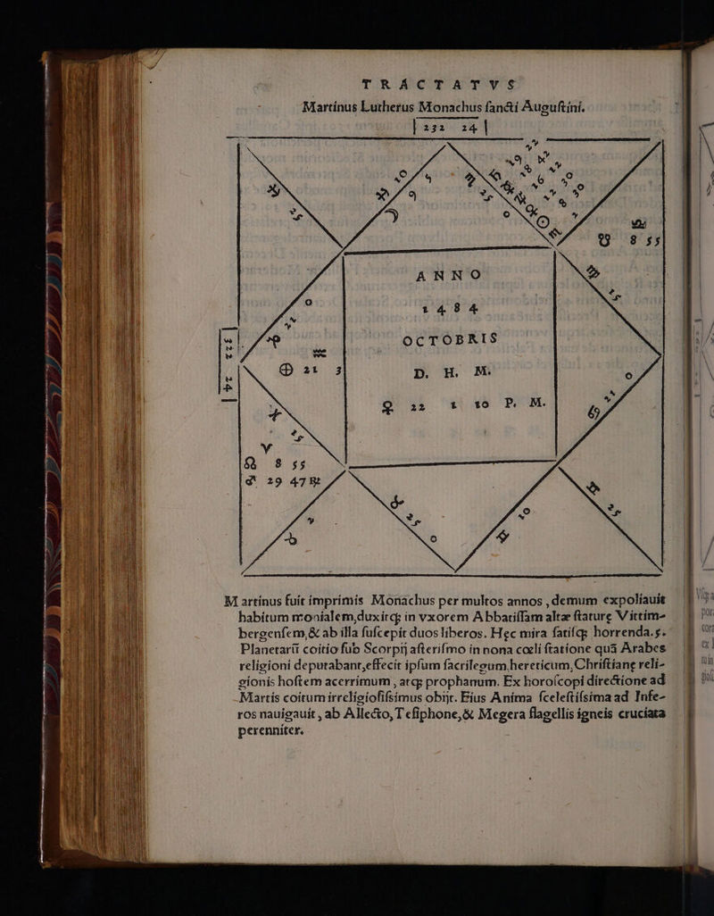 ^ — te dais di Ld —- icc iMt, 1I BI cca Em TRACTATVS Martinus Lutherus Monachus fan&amp;i Áueuftínf. | 23: :4] ANNO t o4 8 4 « OCTOBRIS &amp; 85; d' 29 47Rt M artínus fuit ímprímis Monachus per multos annos , demum expolíauit bergenfem,&amp; ab ílla fufcepit duos liberos. Hec mira fatifqgg horrenda.s. Planetarii coitio fuo Scorpij afterifmo in nona cali ftatíone quà Arabes religioni deputabant,effecít ipfum facrileeum hereticum, Chríftíane reli- víonís hoftem acerrimum , atq; prophanum. Ex horofcopi directione ad Martís coíitumirrelioiofifsimus obit. Eius Aníma fceleftífsíma ad Infe- ros nauigauit , ab Allecto, T efiphone,&amp; Megera flagellis igneis crucíata perenniter. L1