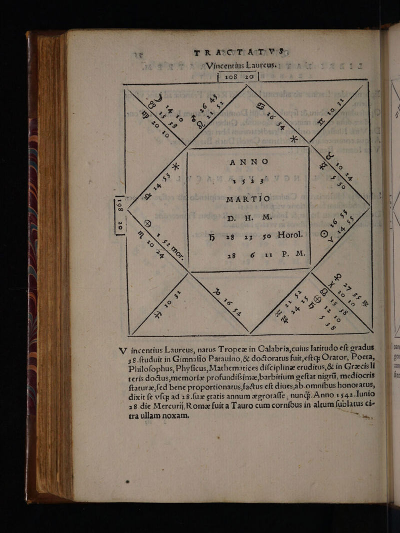 TRA?CT AT. V-$5 *WMincentius aureus. : ^ 77 c 5 n5 13 D. H. M. 4 di | MARTIO | Nip |/ 2B x umet RB. DA WV. incentíus Laureus, natus Tropez in Calabría,cuíus latitudo eft eradus | t ion 38 ftuduit in Gimnatio Parauíno,&amp; doc&amp;oratus fuít,eftqg Orator, Poeta, | 9 Philofophus, Phyficus, Mathematíces difciplinae eruditus, &amp; ín Gracisli — E im terís docus,memorix profundifsímoa,barbirium geftar nigri, mediocris — | Dm ftaturze,fed bene proportionatus;factus eft diues,aab.omnibus honoratus, dixit fe vfq: ad 28.füz etatís annum zegroraffe ; nungg. A nno : $42.lunio 28 die Mercurij, Roma fuit a Tauro cum cornibus ín altum fublatus ci^ tra ullam noxam. ds