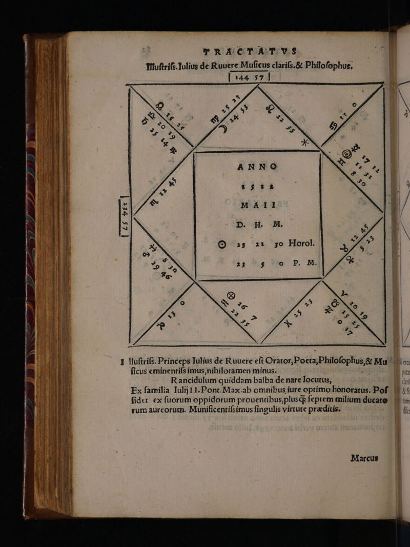TRAÁACTATVYVS fflufteils.Tulius de Ruuere Muficus clarifs.&amp; Phifofophus, | 144 571 | £$ v£* | 30 Horol. P. M. J lluftrifs. Princeps Iulius de Ruuere eft Orator, Pads PME &amp; Mu ie ficus eminentífs imus,nihilorámen mínus. BB nus Rancidulum quiddam balba de nare locutus, | (duri Ex familia Iuli 11. Pont.Max.ab omnibus iure optímo hónoratus. Pof fidet ex fuorum oppídorum prouentibus, plusqs feptem milium ducato I nm | rum aurcorum. Muníficentifsímus fingulis virtute praeditís. 1 l | | Marcus
