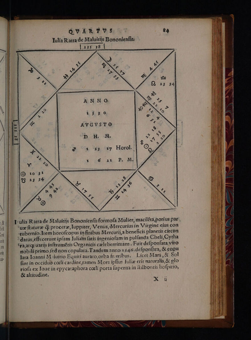 lulia Ratta de Maluitijs Bononienfis: | [255 38 | ANNO 1520 AVGVSTO 17 [ulia Ratta de Maluíttjs Bononienfis formofa Mulier, macilétá,potius pat . | | i hdi | use ftaturze dà procerze, Iuppiter, Venus,-Mercurius ín Virgine eius con wi | stubernio.Item horofcopus ínfiníbus Mercurija beneficis planetis círcan s B ^ *datüs,effecerunt ipfam Iuliam fatis ingeniofam in pulfanda Chelí,Cytha 4 | aarq uariis ínftrumétís Organicís czeleberrímam . Fuit defponfata viro as E nobii prímo fed non copulata. Tandem anro 1 s46.defponfara, &amp; copu Uu lata Ioanní M :luítio Equití auraco,orba frztribus. — Licet Mars ,&amp; Sol | fiar ín occiduo coeli cardíne,tamen Mors ipfius Iuli erít naturalis, &amp; olo | riofa ex Ioue ín epycataphora coeli porta fuperna in itilbontis hofpítio, &amp; altitudine. | X y