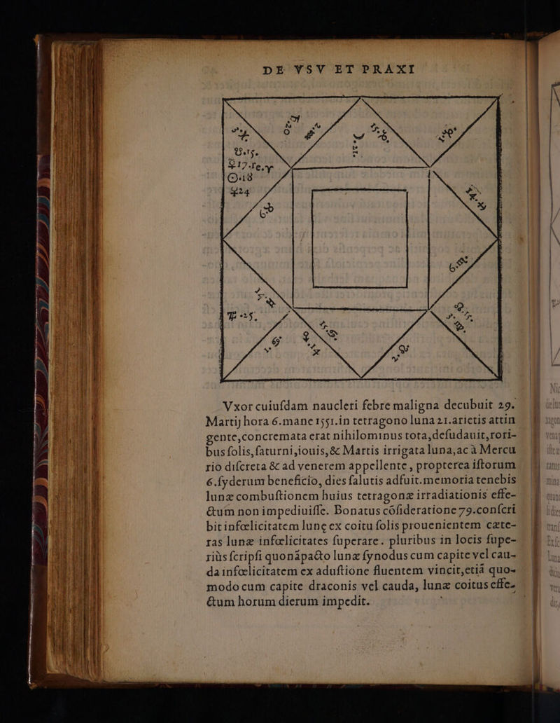 Vxor cuiufdam naucleri febre maligna decubuit 29. Martij hora 6. mane 1551.in tetragono luna21.arictis attin gente,concremata erat nihilominus tota,defudauit,rori- — |J bus folis,faturni,iouis, &amp; Martis irrigataluna,acà Mercu | rio difcreta &amp; ad venerem appellente, propterea ifforum — à 6.fyderum beneficio, dies falutis adfuit.memoriatenebis — lunz combuftionem huius tetragonz irradiationis effe- 1 &amp;um non impediuiffe. Bonatus cófideratione 79.confcri — d bit infoelicitatem lunc ex coitu folis prouenientem czte- | iran ras lunz infalicitates fuperare. pluribus in locis fupe- — €. | riüs fcripfi quonápa&amp;o luna fynodus cum capite velcau- E 1 da infcelicitatem ex aduftione fluentem vincit,etia quo- — &amp;. i; modo cum capite draconis vel cauda, lunz coitus effe- &amp;um horum dierum impedit. ! Ei