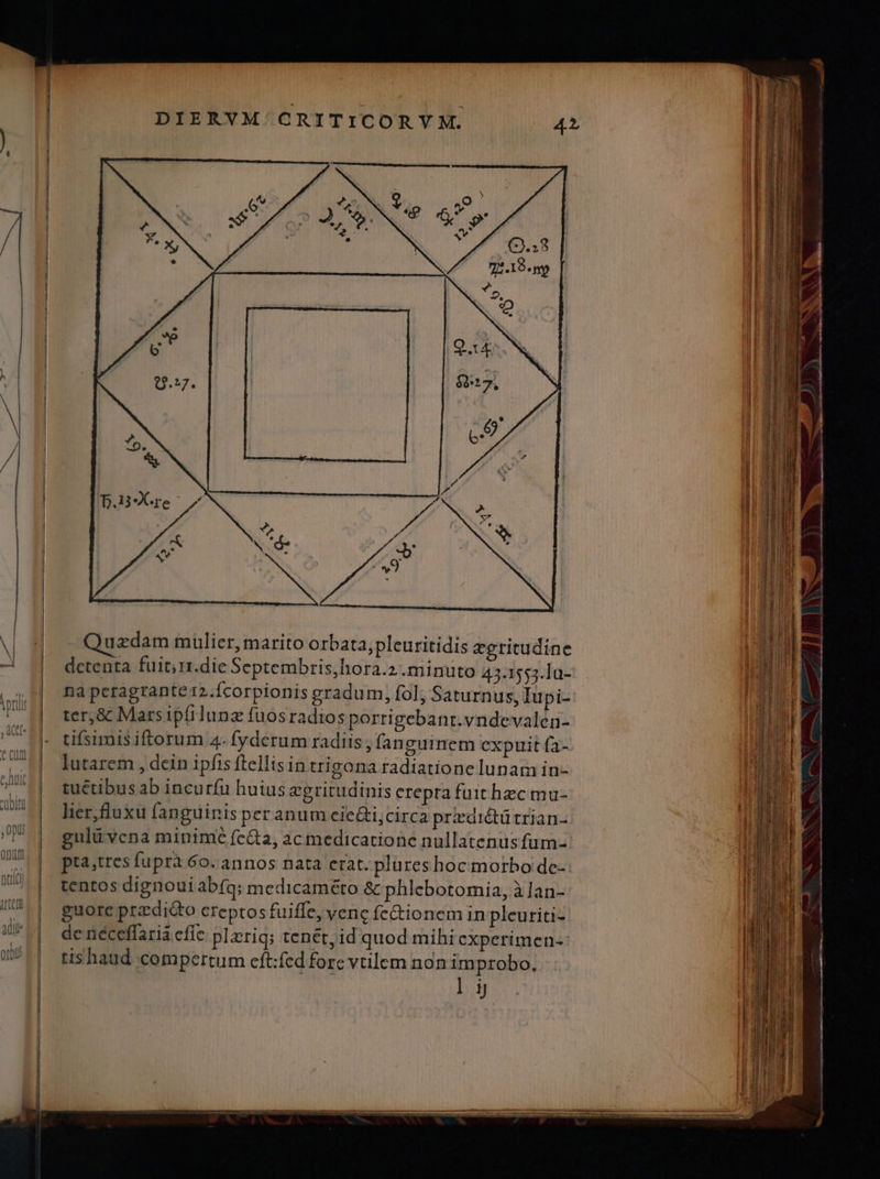 DS) c an AMEN e EN Vue uo *, X; f k (2.:8 . í 73.19. ny *, z: oil Qu 9.7. $517. h o9 ^ ; A r » X Nee 5 3 and m) uzdam mulier, marito orbata,pleuritidis egritudine dctenta fuit;rr.die Septembris, hora.2. minuto 43.1553.lu- na peragrante 12.Ícorpionis gradum, fol; Saturnus, Iupi- ter,&amp; Mars ipfilunz fuosradios porrigebanr.vndevalen- tifsimis iftorum 4- fyderum radiis; fanguinem expuit fa- lutarem , dcin ipfis fellis in trigona radiatione lunam in- tuétibus ab incurfu huius egritudinis erepta fuit hec mu- lier,fluxu fanguinisper anum eic&amp;ti;circa pradi&amp;tütrian- gulüvcna minime fc&amp;a, ac medicatione nullatenus fum- pta,tres fupra 60. annos nata erat. plures hoc morbo de- tentos dignoui abfq; medicaméto &amp; phlebotomia, àlan- guore przdidto creptos fuiffe, venc fe&amp;tionem in pleuriti- de néceffarià cfic plxrig; tenétjid quod mihi experimen- tis haud compertum eft:fed fore vtilem nonimprobo, . ] ij T ECCE WIlieYllIIÍu er ue o eom ——— — Mns zx Dm - - » - . - * - —  im - n: