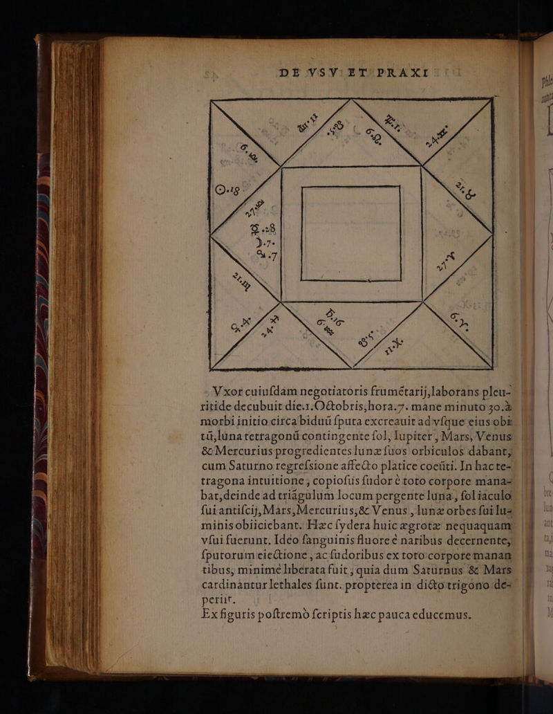 Vxor cuiufdam negotiatoris frumétarij,laborans pleu- titide decubuit die.1. OGobris;hora.7. mane minuto ;o.X n morbi initio circa biduü fputa excreauit ad vfque eius ob tü,lünatetragonü contingente fo], lupiter, Mars, Venus. | &amp;: Mercurius progredientes lunz fuos orbiculos dabant; ^4 cum Saturno regreísione affetto platice cocüti. In hacte-. | tragona intuitione; copiofusfüdorétoto corpore mana- | bar,deinde ad triágulum locum pergente luna; foliaculo | fui artic MEUM AG ris pd Venus ,lunz Grbes failus || minisobiicicbant. Hzc fydera huic egrotz nequaquam. |3 vfui fuerunt. Ideo fanguinis luoreé naribus decernente, fputorum eicGtionc , ac fucoribus ex toto corpore manan tibus, minimelliberata fuit; quia dum Saturnus &amp; Mars Ca rcm brun dai funt. propterea in dito trigono de- perir. Ex figuris poftremo fcriptis hec pauca educemus. mecnm -—— NKZCUONTC SECUS TMBdeU D TC TIERE — pue o - To uS E E Ke COPAS. cit — P ÓàÓÓ€Ó——ÓÀ P ER a cÉpiU RE 2e Aem ui EMEONNE D: ur-cipcsttce Le Lr Sad EIS EDEORRIE TERES UP Cini iiu SEC E — RECS AREE o RR R Mec