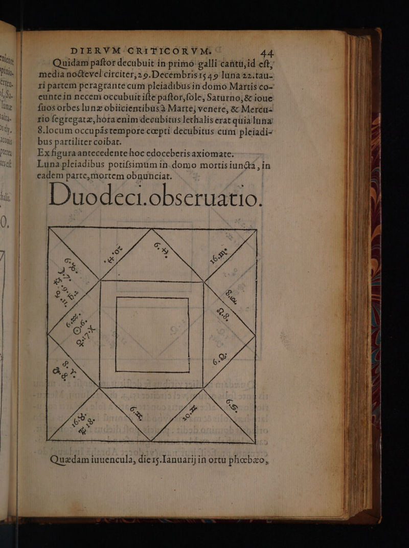 r———— € P cunte in necem occubuit ifte paftor,fole, Satütno,& ioue fuos orbes lunz obiicientibusà Marte; venere, & Mercü- rio fegregatz, hotaenim decübitüs lechalis erat quialuna 8.locum occupástempore coepti decubitus cum pleiadi- bus partiliter coibat. Exfiguraantecedente hoc edoceberisaxiomate; Luna pleiadibus potifsimum in. domo mortis iun&tá , in cadem parte, mortem obnunciat. | Duodectobseruatio.