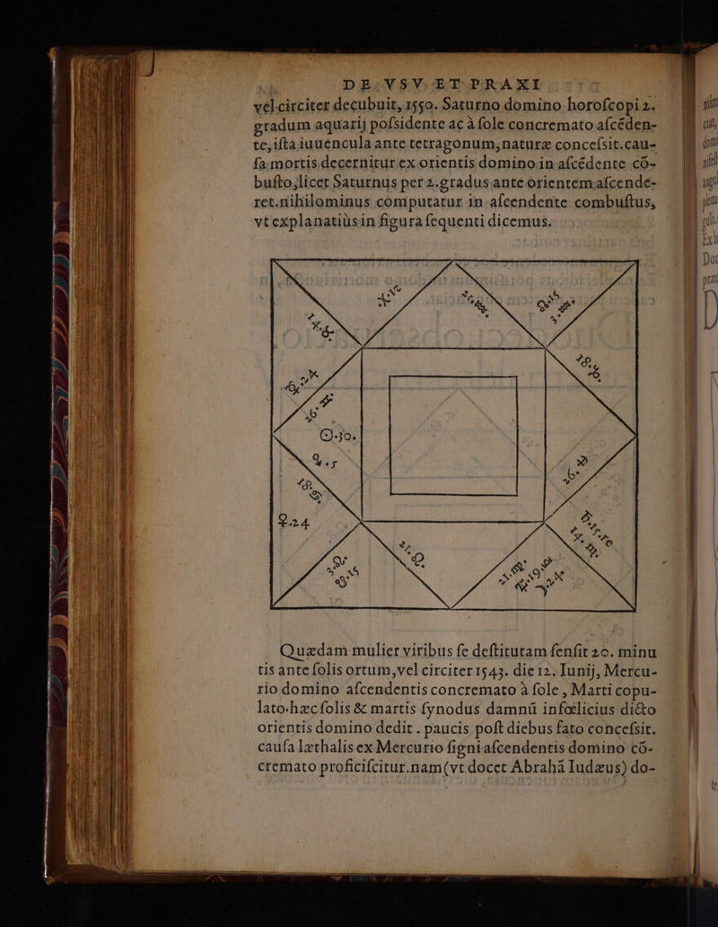 vélcircitet decubuit, 1550. Saturno domino hotofcopi 2. gradum aquarij pofsidente ac à fole concremato afcéden- te,iftaiuuencula ante tetragonum;naturz conce(sit.cau- — fa.mortis. decernitur ex orientis domino in afcédente có- ju bufto,licet Saturnus per 2.gradus.ante orientemafcende- | yp ret.nililominus computatur in .afcendente combuftus, — Lj vt explanatiüsin figura fequenti dicemus. IM : D Dot n n ,! | | | | | Quzdam mulier viribus fe deftitutam fenfit2o. minu — -* — tis antefolisortum,velcirciter1543. dierz.Iunij e Mercu- E | rio domino afcendentisconcremato à fole, Marticopu- — | lato-hecfolis & martis fynodus damnü infoelicius di&o | orientis domino dedit. paucis poft diebus fato concefsit. — . caufa lzthalisex Mercurio figniafcendentisdomino có- —— cremato proficifcirur.nam(vt docet Abrahaludeus)do- ——| : c ——À - - ML eEU C. € e n Dea neam ——— ————— t 3 L— De RR : -— NEF euo maqz aser eae cec anle ON T REALE een ESEETEN : - : TEX 4 Ere - 1 ——— 9 : E mer mate E Te toa due Uumecuer c. L0 Tero aL EEET A a ps ir Io E c e — — - REM 2 T - : IUE —— ; - — : : p— T 3 vielem ME d EX 1 M - —
