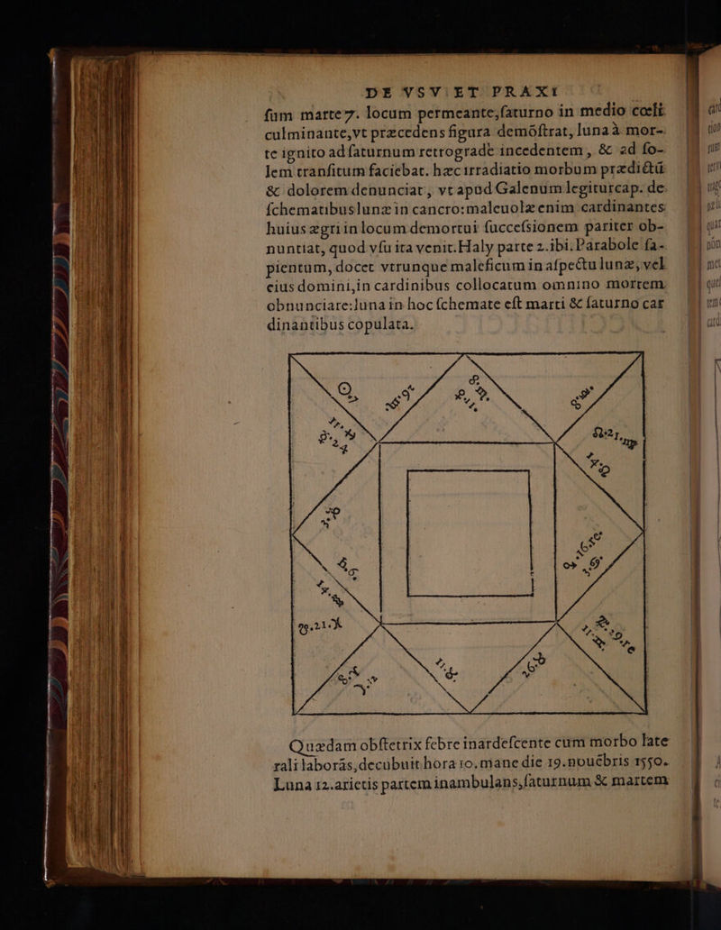 —Ó— rm 77 : 723  — — — T ; Y M. ? UE TC. —I Tue - * TT ^ n. m aene M — pe : $9. WAV : - tur culminante,vt przcedens figura demóftrat, luna à mor-. te ignito adfaturnum retrograde incedentem , &amp; 2d fo- Jem tranfitum faciebat. hzcirradiatio morbum przdi&amp;tü &amp; dolorem denunciat, vt apad Galenum legiturcap. de fchematibuslunzin cancro:maleuolz enim cardinantes huius zgriinlocum demortui faccefsionem pariter ob- nuntiat, quod víu ita venit. Haly parte z.ibi.Parabole fa. pientum, docet vtrunque maleficum in afpe&amp;tu lunz; vel cius domini,in cardinibus collocatum omnino morrem obnunciare:luna in hoc (chemate eft marti &amp; faturno cat dinantibus copulata. | iuxdam obftetrix febre inardefcente cum morbo late rali laborás,decubuit hora 10. mane die 19. nouébris 1550. Luna 12.azictis partem inambulans,faturnum X martem: me— À— ÀÓ—