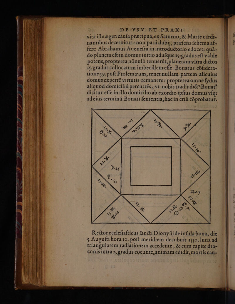 vita ifte eger:caufa precipua,ex Saturno, &amp; Marte cardi- nantibus decernitur : non parü dubij, przíens fchema af; fert: Abrahamus Auenefra in introdu&amp;orio edocet: quà- do planetaeft in domus initio adufque 15:gradus eft valde potens,propterea nónulli tenuerüt, planetam vltra dictos 15.gradus collocatum imbecillem effe .Bonatus cófidera- tionc 59.poft Ptolemzxum, tenet nullam partem alicuius domus experté virtutis remanere: propterea omnc fydus aliquod domiciliü percurrés , vt nobis tradit did? Bonat? dicitur effe in illo domicilio ab exordio ipfius domus víq; ad cius terminü.Bonati fententia, hac in crifi cóprobatur; R e&amp;or ecclefiafticus fan&amp;i Dionyfij de infüla bona, die $. Augufti hora ro. poft meridiem decubuit 1550. luna ad triangularem radiationem accedente , &amp; cum capite dra- conis intra 2,gradus cocunte,animam edidit,mortis cau-