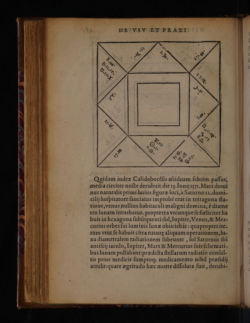 Quidam iudex Calidobocéfis afsiduam febrim paffus; media circiter no&amp;e decubuit die 15. Iunij 1551.Mars domi nus natüralis primi huius figurz loci,à Saturno 12.domi- tione,venus nullius habitaculi maligni domina; € diame tro lunam intuebatur. propterea vtcunquefe follicitet ha buit in hexagona fubfequenti: :fol, Iupiter, Venus, &amp; Mer- curíus orbes fui luminis lunz obiiciebaàt: : quaproptet ite- rum vtut fe habuit citra nature aliquam operationem,lu- na diametralem radiationem fübeunte , fol Saturnus fui antiícij iaculo, Inpiter, Mars &amp; Mercurius fuisfchemati- buslunam pulfabant:przdi&amp;a ftellarum radiatio conful tis prius medicis fümptoq; medicamento nihil prafidij attulit:quare zgritudo hzc morte diffoluta fuit , decubi-