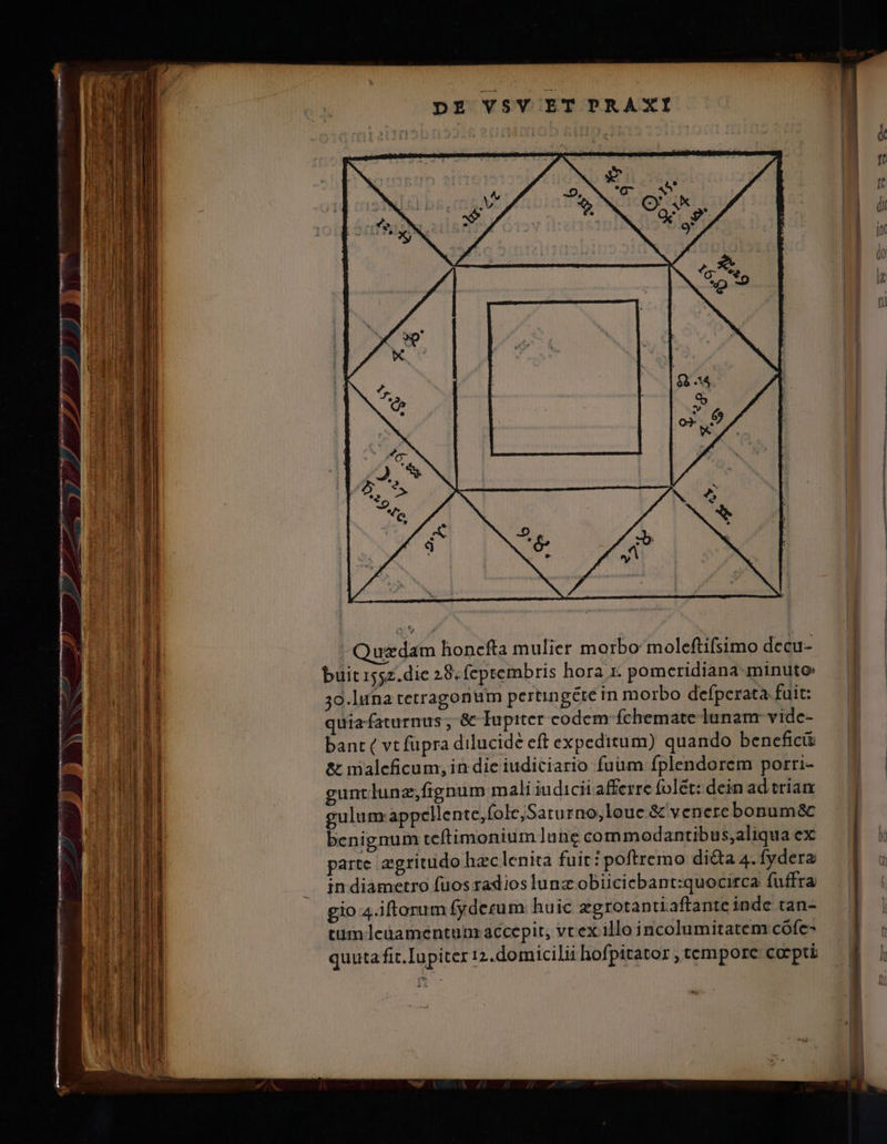 ux dam honcefta mulier morbo moleftifsimo decu- buit 1552.die 28. feptembris hora x. pomeridiana minuto 30.luna tetragonum pertingéte in morbo defperata fuit: quiafaturnus, &amp; lupiter codem fchemate lunam vidc- bant ( vt füpra dilucide eft expeditum) quando beneficii &amp; malcficum, in die iudiciario fuum fplendorem porri- guntlunz,fignum m ali iudicii afferre folét: dein ad triam gulum appellente,fole,Saturno,loue &amp; venerebonum&amp; benignum teftimonium lune commodantibus,aliqua ex parte zgrittido hzclenita fuit: poftremo di&amp;a 4. fydera in diametro fuos radios lunz obiicicbant:quocirca fuffra gio 4.iflorum fydecum: huic zgrotantiaftante inde tan- tum eüamentum accepit, vt ex illo incolumitatem cófe- quuta fi. Iupiter 12.domicilii hofpitator , tempore coepti