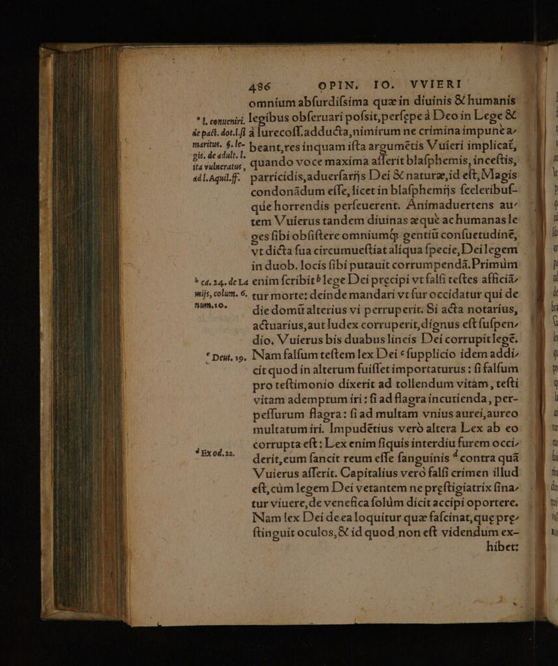 omníum abfurdi(sima quz in diuinis &amp; humanis * 1 conucniri, legibus obferuari pofsitperfepeà Deo in Lege &amp; depa&amp;t. dot.L.fi à lurecoff.adducta,nimírum ne críminaimpunea ied di e beant,res inquam ífta argumetís Vuieri implicat, A hia quando voce maxíma 3i erit blafphemis, ínceftís, «dLAquiLf. parríicidis,aduerfartjs Dei &amp; naturae,id e(t, Magis condonádum effe, lícet ín blafphemijs fceleribuf- que horrendis perfeuerent. Anímaduertens au tem V ulerus tandem díuinas qué ac humanasle oes fibi ob(iftere omnium gentíir confuetudine, vt dícta fua círcumueftíat alíqua fpecie, Deilegem in duob. locís fibí putauit corrumpendá.Prímum b c4, 24. deL4 enim fcribit? lege Dei precipi vt falfi te(tes afficit wijs, colum. 6. tuy morte: deínde mandari vtfur occidatur qui de DMMI9* — diedomüalterius vi perruperit Si acta notaríus, actuaríus,autludex corruperit,díonus eftfufpen, dío, Vuierus bís duabuslineís Dei corrupitleoé. * peut, i, INam falfum teftem lex Dei « fupplicio ídem addi cít quod ín alterum fuiffet importaturus : fi falfum pro teftimonio dixerit ad tollendum vitam teftí vitam ademptum iri: fi ad flaera íncutienda, per- peffurum flagra: fiad multam vnius aurei,aureo multatum írí. Impudetius veró altera Lex ab eo corrupta eft: Lex enim fiquis interdiu furem occi derít,eum fancít reum effe fanpuínis *contra quá V uíerus afferit. Capitalius vero falíi crímen illud eít,cümlegem Dei vetantem ne preftioíatrix (ina tur víuere,de venefica folum dicit accípi oportere. INam lex Dei deealoquitur qua fafcínat,que pre ftinguit oculos, € id quod non e(t videndum ex- hibet: » EX 0d.22.