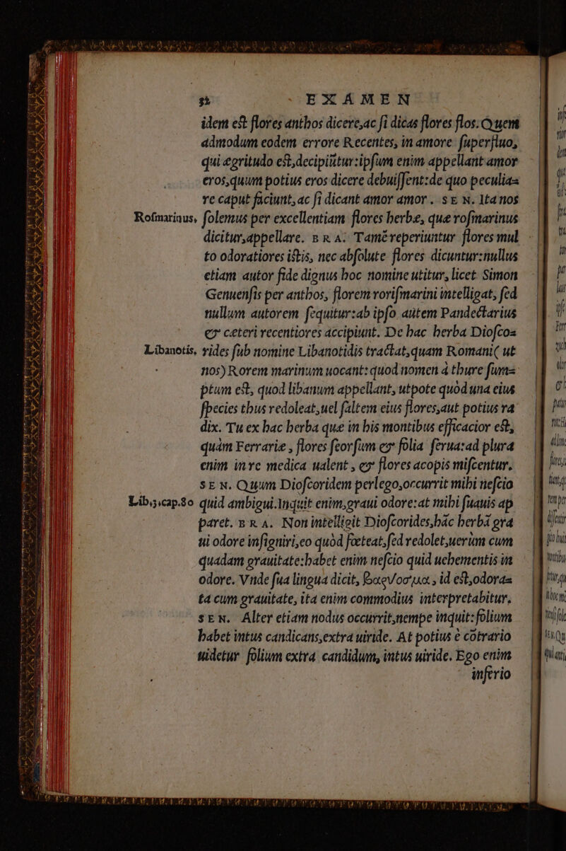 35 EXAMEN idem eft flores antbos dicere,ac fi dicas flores flos. Cy uem admodum eodem errore Recentes, in amore: fuperfluo, qui egritudo est, decipitttur:ipfum enim appellant amor erosquum potius eros dicere debui[Jent:de quo peculias re caput faciunt, ac fi dicant amor amor ..s €. N. 1ta nos Rofmariaus, folenus per excellentiam flores herbe, que rofmarinus diciturappellare. s &amp; 4: Taméreperiuntur flores mul to odoratiores istis, nec abfolute: flores dicuntur:nullus etiam autor fide dignus boc nomine utitur, licet. Simon Genuenfis per antbos, florem vorifmarini intelligat, fed nullum autorem fequitur:ab ipfo. autem Pandectarius € ceteri recentiores accipiunt. De bac herba Diofcos Libanotis, vides fub nomine Libanotidis tractat,quam Romani( ut ptum es, quod libanum appellant, utpote quód una eius fpecies tbus redoleat,uel faltem eius flores,aut potius a dix. Tu ex bac berba que in bis montibus efficacior e&amp;, quam Ferrarie , floves feovfum es folia: ferua:ad plura enim inre medica ualent , ex flores acopis mifcentur. sE N. Quum Diofcoridem perlego,occurrit mibi nefcio Lib;cap.8o quid ambigui.Mquit enim;ovaui odore:at mibi fuauis ap. paret. s x 4. Non inteilieit Diofcorides,bác berba ova tii odore infigniri,eo quód faeteat, fed redolet,uerum cum quadam gvauitate:babet enim nefcio quid uebementis in odore. V ude fua lingua dicit, baeVoc'u , id est,odoras ta cum grauitate, ita enim commodius interpretabitur, sEN. Alter etiam nodus occurrit,nempe inquit: folium babet intus candicans,extra uiride. At potius € cotrario tidetur. folium extra. candidum, itus uiride. Ego enim inferio hu ftd «li dno liti ifi poli LIT frg Hoc Qn thi 4j