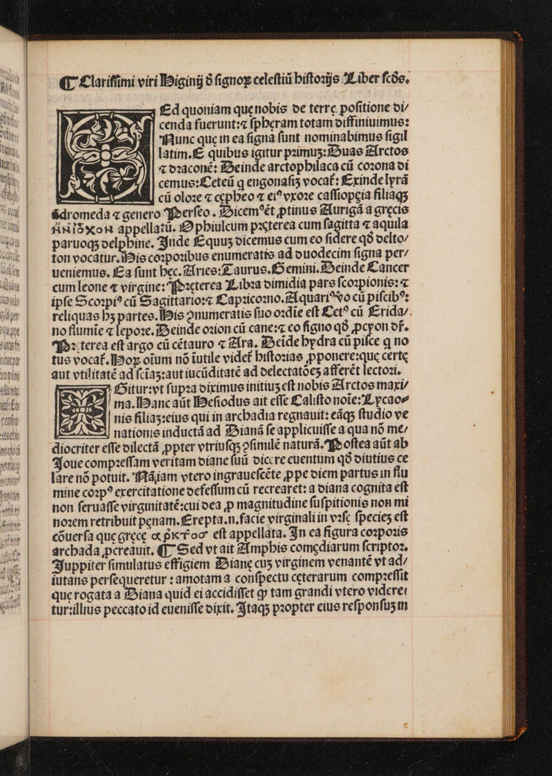 fNISXoN d paruoqs ocl ton vocatur. itie. reliquae bs partee nofiumie « lepose. Y3:terea eft argo NLDDC | dnd STU I Ade MA 1M (ACDÀH f£d quoniam quemobie oe terre pofitione oi/ cenda fuerunt:« fpberam totam oiffiniuimue: IRunc que in ea figna funt nominabimus figil &amp; ozaconé: ÉOeinde arctopbilaca cif co2ona oi fco . sSDicem?ét ptinue Zfurigá a erccie pbiulcum pzcterea cum 6 a 4 3quila nde f£quus oicemue cum eo fidere q9 oclto/ ue enumeratte ad ouodecim figna pet7 Zirico:s-aurue. fO emini. Dcinde Cancer oimidía pare fcozplonie: « gÍíquari?^vo cu pifcib?: Ibis 2numeratis fto ozdie eft £ct? cti f£rida/ Peinde ozion cii cane: co figo qÓ pcyon of. cü cétauro « Zfra. fDcide bydra c pifce q no ile videt biftozíae ppponere:que certe 3 tue vocat. Ilboy oium nó tut TIT gut vtilítaté ad fcia5:aut iucüditaté ad oclectatoes afferét lectozi. st Ewezy fitur:vt füpza oirimue initiuscft nobie girctoo mart | S 74 ma.IBancaiüt IBcfiodue ait cffe ICalifto noie ycaov V nie filias:eiue qui in arcbadia regnauit: edqs ftudio ve nationie inductá ad sDianá feapplicuiffe a qua no me ffe vilectá ppter vtríufqsofimilé naturá.^geoftea aüt ab (fam veritam oiane (ud. oiccre euentuni qó oítitiue ce ráiam vtero ingraucícéte ppe oim partus in flu (fum cii recrearet: a oíana cognita eft non feruàffe virginitaté:cui oea p magnitudine füfpitionie non mi poxem retribuit penam. f£repta.n.facie virginali in vsfc fpecies eft cóuerfa quc grec ex gxroo eft appellata. 3n ca figura co»pozie arcbada pcreauit, 4T; Sed vt ait Z[mpbie comcdiarum fcripto, afuppiter fimulatue e iutane perfequeretur : querogata a Diana qui tur:illiue peccato id eueniffe oirit. apt , diocríter e 2joue compe «c lare nó potuit. |. mine co:p? erercitationeoefe
