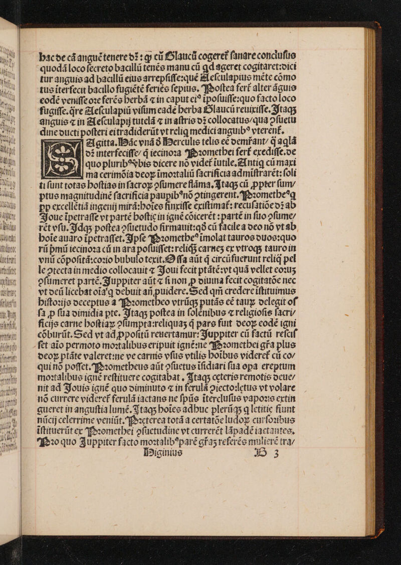 bacoe cáanguétenereot : qj cü felaucü cogeret fanare concufuo quodá loco fecreto bacillü tenés manu cü gd ageret cogitaretzoici tur anguie ad bacllü eiue arrepfiffexqué Plefculapitie métc como tuo iterfecit bacillo fügiété feriéo fepiue. ^ffeoftea fert alter águio codé veniffe ozc ferég berbá « in caput ci? tpofuiffe:quo facto loco fuaiffe. dre Zfefculapiü vifum eade berba iDlaucü reuiriffe, Sjtaqs anguie « in Z[e(culapi tutelá 4 in aftrío 03 collocatus/qua ofuetu dine ouctipofteri eitradiderütvtrelig medicianguib? vterent. zw igitts.IbácvnáóIBerculie telie eé oemiant/ qd aglá AB o: interfecifc/ d iecinoza qfozometbei fer£ exediffe.oe iy 1 quoplurib?9bis oicere nó videt iutile.Z[ntiq ci mari Lini 4| ma cerimoia ocoy imontaliü facrificia admiftrarét: foli tifünt totae boftiae infacrog ofümere fláma tags cii ppter fum ptue magnitudiné facrificia paupib?nó otingerent.^fo2ometbe?q pp excellétiá ingenij mirá:boieo finriffe exiftimat: recufatióeo? ab joue ipetraffe vt parté boftic in igné coicerét : parté in fuo ofüme/ rét vfu. 3fdqs poftea ofüetudo firmauit:qó cü facilea oeo nó vt ab boieauaro ipetraffet. SÍpfe ^f»xometbe? imolat tauros ouoe:quo ri pmi iecinoz2 cü in ara pofuüiffet: reli carmes ex vtroqs tauro in viti cópofitá:cozio bubulo terit. £2 (fa aüt q circüfuerunt relíq pel le otectain medio collocauit « Sfoui fecit ptáté:vt quá vellet eo:u5 ofümeret parté.juppiter aüt« finon p oíiuina fecit cogitatóe nec vtoei licebatota'g oebuit ari puidere.SSed qmi credere iftituimue biftozijo occeptue à ffexometbeo vtrüiqs putáe cé taux oclegit of fà p (üà oimidia pte. 3Jtaqs poftea ín folénibus « religiofis facri/ ficije carne boftiaz ofümpta:reliquas d pare fuit ocoy codé igni cóburiüt. Sed vt ad,ppofitü reiertamur:3fuppiter ci fact. refaf fet aio permoto mostalibue eripuit igné:me ^Ifssomctbei gía plus oeoy ptáte valeret:ne ve carmie vfus etilis boibue videret cii cov quinió poffct.f»:ometbeus aüt ofüetus ifidiari faa epa ereptum mostalibue igné reftituere cogitabat , $ft3q3 ceterie remotis ocue/ nit ad Sfouis iati quo oiminuto « in ferulá oiecto:etus vt volare f10 currere videret ferulá iactane ne fpüe iterclufüs vapore extín queret in anguftia lumé. S tag5 botes adbuc pleri; q letitic fiunt nücij celerríme venitit.ffescterea totá a certatoeludoz curfozibue iftituerüt ec ^I fohometbei ofüctudine vt currerét lápadé iactanteo, 5:0 quo Suppiter facto moztalib?paré gras referto mulieré trav