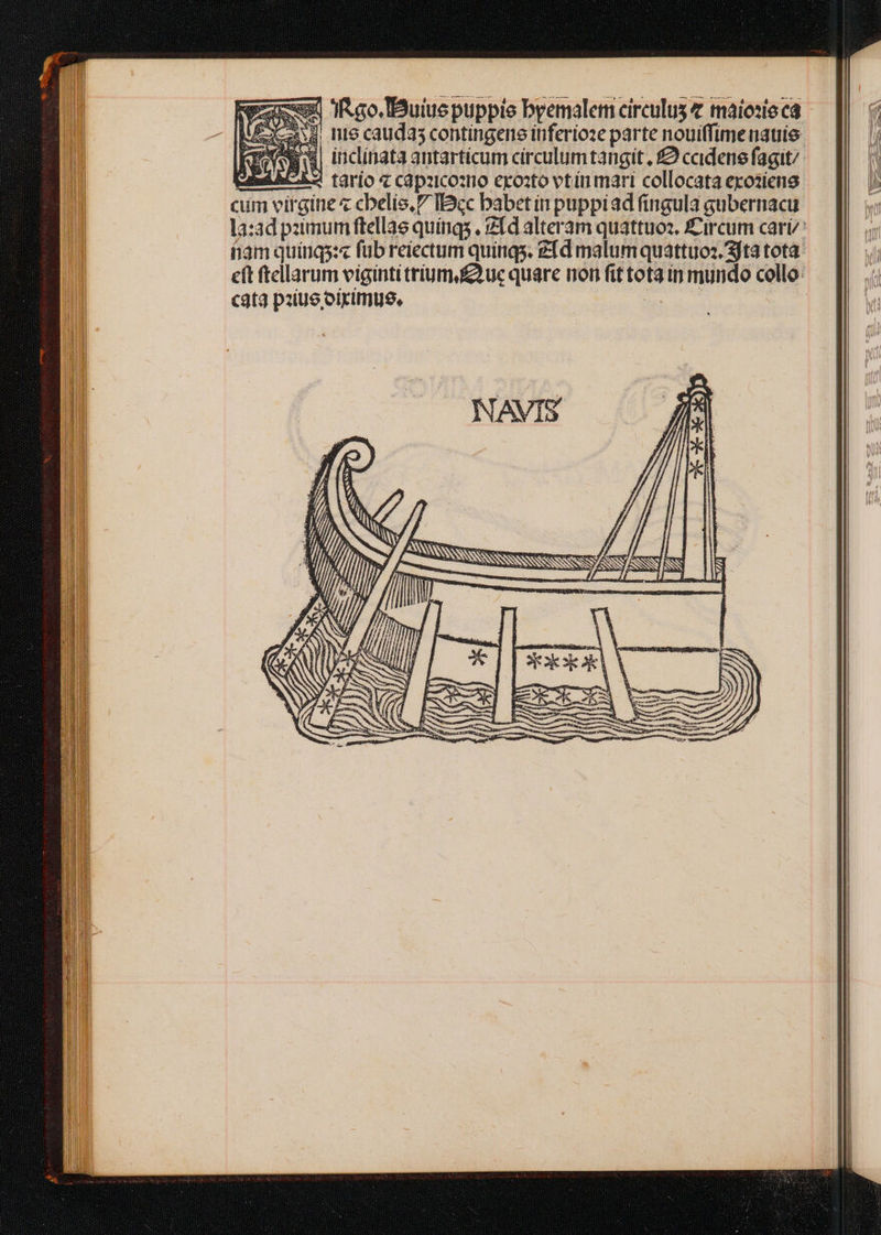 ex Iso. IBuiusepuppie byemalem circulus maiosie ca ;! i nie caudas contingere itnferio2e parte nouiffimenauie: $0 E inclinata antarticum circulumtangit, £2 ccidene fagit/ Eid hi A2 t3rio « capaicozio exozto vtin mari collocata exoziens cum virgine « cbelis.7 IBcc babet in puppiad fingula gubernacu la:ad paimum ftellae quings , Zfd alteram quattuo:. XCircum cari: fiam quinqs:« fub reiectum quings. fd malum quattuos. 3fta tota eft ftellarum vigintitrium.£)uc quare non fit tota in mundo collo: cata pziue oirimus. |