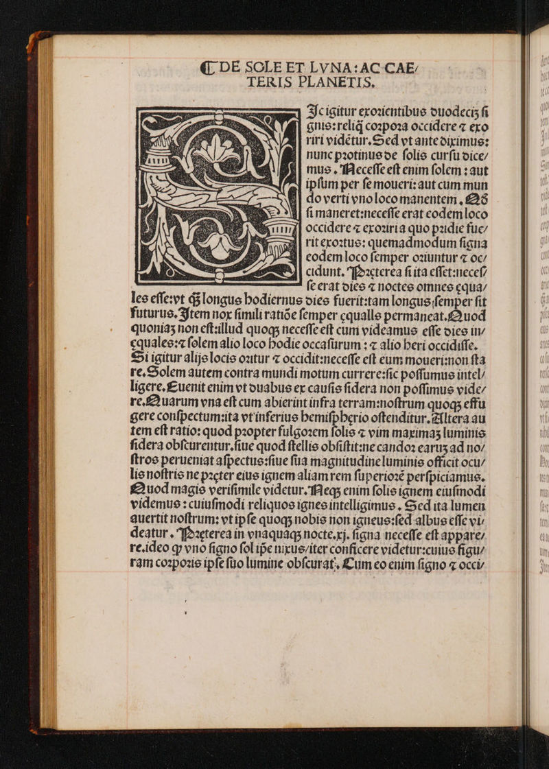 Sjcigitur exozientibue ouodecis fi gnie:reliq cozpoaa occidere 7 exo rirividétur.Ced vt anteoiximue: nunc pzotinuieoe folie curfü oice/ DEI mus . Ileceffeeft enim folem : aut 2] ipfum per fe moueri:aut cum mun Bl dovertiverioloco manentem , £23 à] fi maneret:neceffe erat codemloco j| occidere z exoziria quo pzidie fuc 3| ritexoztue: quemadmodum ficna i] codemloco femper oziuntur « oc Be, Eurum an cidunt, ifacterea fiita effet:inecet? e ——— — feerat oiee « noctee omnes equa; lee efleivt longue bodiernus oíee fuerit:tam longus;femper fit futurue. ftem nox fimili ratióe femper cqualle permaneat. uod quonias non eft:illud quoqs neceffe eft cuni videamus effe oies itv cqualee:« folem alio loco bodie occafürum : « alio beri occidiffe. £5i igitur alijelocie oztur « occidit:neceffe eft eum moueri:non fta re, Solem autem contra mundi motum currere:fic poffümue intel/ ligere.suenit enim vt ouabue ex caufis fidera non poffimue vide/ re.£)uarum vna eft cum abierintinfra terram:noftrum quoq; effu gere confpectum:ita vt'ínferiue bemifpberio oftenditur.Zfltera au tem eft ratio: quod p:opter fulgozem folis « vim maximas luminis fidera obfcurentur.fiue quod ftellie obfiftit:ne cando: earus ad no/ ftroe perueniat afpectue:fiue fua magnituidineluminis officit ocu/ lie noftris ne pzcter eius ignem aliamrem füperiozé perfpiciamue. guod magie verifimile videtur.'feqs enim folie ignem eiufinodi videmus : cuiufimodi reliquos igneo intelligimus. € ed ita lumen quertit noftrum: vt ipfe quoqs nobis non igueue:fed albus effe vi; deatur , foacterea in enaquaqs nocte. rj. figna neceffe eft appare re.ideo q vno figno fol ipe nirueviter conficere videtur:cuiue figt/ ram co:pozie ipfe fuo lumine obfcurat fum eo enim figno occi