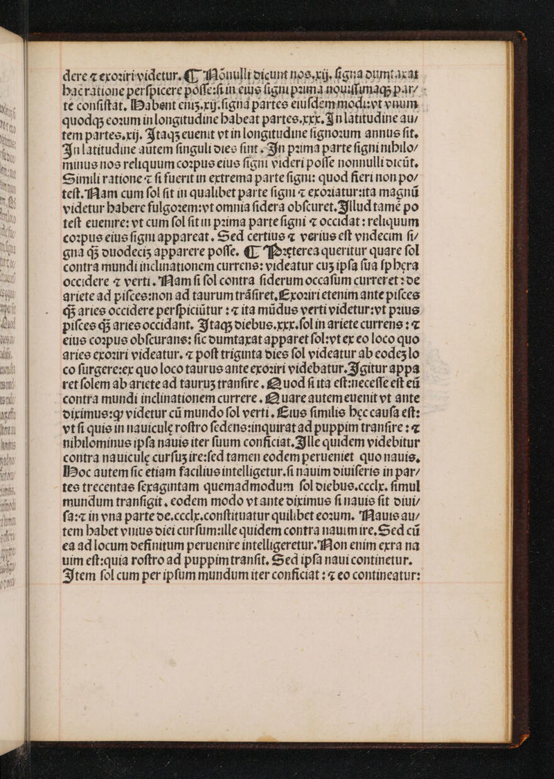 dere « exozirividetur. 4T; ddouullt oícunt noe. xij. fig5a oumtaxat bacratione perfpicere poffe:frin.eiue (igni pana acudfunags par - te confiftat, [Dabent enis. rij. figna partee eiufdemmodivt vnum quodqs com in longitudine babeat partee.rxx. S n latitudine au tem parteo,rij. 3ftaqscuenit et ín longitudine fignosum annus fit, n latitudine aütem finguli oiee fut fn pzima parte figni nibilov mitius nos reliquum cozpus eiue fini videri poffe nonnullioicüt, Simili ratione « fi fuerit irn ectrema parte figni: quod fieri non pov teít. Tam cum fol it in qualibet parte figni « ecoziaturzita magnü videtur babere fulgozem:vt omnia fidera obfcuret.Sjllud tamé po teft euemre: et cum fol fiti pzima parte figni « occidat : reliquum coipue eius figni appareat, $ed certiue « veriue eft endecim fi/ gna d$ ouodecis apparere poffe, (T; ^[2:eterca queritur quare fol contra mundi inclunationem currene: videatur cus ipía fua fp bera occidere 4 verti .flamfi fol contra fiderum occafüm curreret :oe ariete ad pifcee:non ad taurumtráfiret, £z xoziri etenim ante pifces d$ aries occidere perfpiciütur :« ita müdue vertividetur:vt pziue pifcee d3 aries occidant, Sftaqs oiebue. xxr. fol in ariete currens : eius coapue obfcurane; ficoumtaxat apparet fol:vt ex eo loco quo ariee cxoziri videatur. « poft tríginta oies fol videatur ab eodeslo co fürgere:ex quo loco taurus ante exoziri videbatur. Sjgitur appa retfolem ab arictead taurus tranfire , £ uod fiita eft:neceffe eft ed contra mundi inclinationem currere , £g uare autem euenit vt ante oirimue:g videtur c mundo fol verti, fiue fimilis bec caufa eft: vtfi quisin nauiculc roftro fedene:inquiratad puppim tranfire : e nibileminue ipfa nauie iter füum conficiat. Sjlle quidem videbitur contra nauicule curfus ire:fed tamen eodem peruentet quo nauis, Il2oc autem fic etiam faciliueintelligetur.fi nauim oiuiferte in par/ tee trecentae fecagintam quemadmodum fol oiebue.ccclk. fimul mundum tranfigit, codem modo vtanteoiximus finauis fit oíut/ fa:« in ena parte oe.cccl.conftituatur quilibet eozum. IFlaute au/ tem babet vuiue oiei curfüm:ille quidem contra nauim ire, ed cii ea ad locum oefinitum peruenire intelligeretur. Ion enim exra na uim eft:quia roftro ad puppimtranfit, €5ed ipfa naui continetur. Sjtem fol cum per ipfum mundum iter conficiat ; 4 eo contineatur: