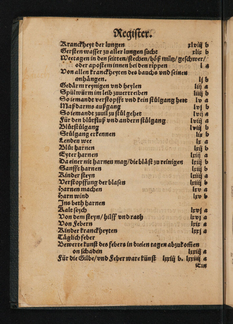 Kranckheyt der lungen en xl vii b Gerſten waſſer zu aller lungen ſucht xlix b Meetagen in den ſeitten / ſtechen / boͤß miltz / geſchwer oder apoſtem innen bei den rippen l Von allen kranckheyten des bauchs vnd ſeinen anhaͤngen. | Gedaͤrm reynigen vnd heylen li) a Spül würm im leib zuuertreiben liiij b 1 So iemandt verſtopfft vnd kein ſtůlgang heit lv a Maß darms auß gang 5 Ivj b So iemandt zuuil zu ſtůl gehet | Ivj a Für den bluͤtfluß vnd andern ſtuͤlgang lviij a Bluͤtſtůlgan Ivig b Stülgang erkennen lie b Lenden wee 5 lx a Blut harnen lxij b Eyter harnen | lxiij a Da einer nit harnen mag / die blaͤſt zu reinigen lxiij b Sanfft harnen lxiij b Kinder ſteyn 5 lxiiij a Verſt opffung der blaſen leid b ddarnen machen 5 xv a Harn wind lxv b Ins beth harnen Kalt ſeych 5 lxvj a Von dem ſteyn / hilff vnd rath ir vj a Von Febern | 1 Axix Kinder kranckheyten lxxi a Taͤglich feber | Bewerte kunſt des febers in dꝛeien tagen abzuk omen on ſchaden 8 lxxiij a Für die Gilbe / vnd Feber ware künſt lxxiij b. ler a Ein