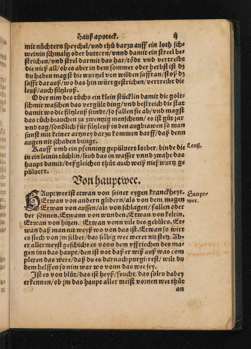 mit nůchtern ſpeychel / vnd thů darzu auff ein loth ſch⸗ weinin ſchmaltz oder buttern / vnnd damit ein ſtreel be⸗ ſtrichen / vnd ſtrel darmit das har / toͤdt vnd vertreibt die nieß all / ob es aber in dem ſommer oder herbſt iſt dz du haben magſt die wurtzel von wilden ſaffran / ſtoß dz ſafft darauß / wo das hin würt geſtrichen / vertreibt die leuß / auch filtzleuß. Oder nim des tüchs ein klein ſtücklin damit die golt⸗ ſchmit waſchen das vergült ding / vnd beſtreich die ſtat damit wo die filtzleuß ſeindt / ſo fallen fie ab / vnd magſt das tůch bꝛauchen zu zwentzig menſchenn / es iſt gůt jar vnd tag / ſondlich für fützleuß in den augbꝛawen ſo man ſunſt mit keiner artzney darzu kommen darff / daß denn augen nit ſchaden biingt. in ein leinin tůchlin / ſeud das in waſſer vnnd zwahe das haupt damit / deß gleichen thůt auch weiß nieß wurtz ge püluert. | Von hauptwee. der ſonnen. Etwann von wunden. Etwan von keltin. Et wan von hitzen. Et wan vonn vile des gebluͤts. Et⸗ wan daß man nit weyß wo von das iſt. Etwanſo wirt es ſiech von jm ſelber / das ſelbig wee weret nit ſtetz. Ab» er aller meyſt geſchicht es vonn dem vffriechen des mas gen inn das haupt / den iſt not daß er wiß auß was com plexen das were / daß du es darnach purgiereſt / wilt du dem helffen ſo nim war wo vonn das wee ſey. Iſt es von blůt / das iſt heyß / feucht / das ſoltu dabe y erkennen / ob jm das haupt aller meiſt voꝛnen wee thůt a an 1 Kim, ER