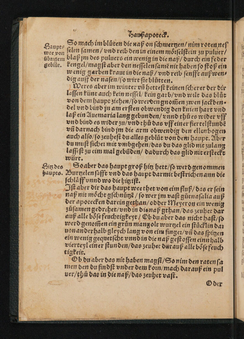 Bann Vo mach im blůten die naß on ſchmertzen / nim roten neſ Bee pon ſelen ſamen / vnd reib den in einem moͤꝛſelſtein zu puluer / Wee von er g übꝛigem blaß jm des puluers ein wenig in die naß / durch ein feder geblüt. kengel / magſt aber den neſſelenſamẽ nit haben ſo ſtoß ein wenig gar ben kraut in die naß / vnd reib ſenfft außwen⸗ dig auff der naſen / ſo wirt ſie blůtten. Weres aber im winter vñ hetteſt keinen ſcherer der dir laſſen künt auch kein neſſel / kein garb / vnd wilt das blůt von dem haupt ziehen / ſo werden gnom̃en zwen ſackben⸗ del vnd bind jn am erſten obwendig den knien hart vnd laß ein Auemaria lang gebunden / vnnd thůͤ es wider vff vnd bind es wider zu / vnd thů das vff einer fiertelſtunde vñ darnach bind jm die arm obwendig den ellenbogen auch alſo / ſo zeuheſt du alles geblůt von dem haupt. Aber du muſt ſicheꝛ mit vmbgehen / das du das glid nit zulang laſſeſt zu eim mal gebñden / dadurch das glid nit erſteckt würt. Hitz des ¶ Soaber das haupt groß biz hett / ſo werd genommen haupts. Burtzelen ſafft vnd das hau pt dar mit beſtrichen ann die ſchlaͤff vnnd wo die hitz iſt. Iſt aber dir das haupt wee thet von eim fluß / das er ſein naß nit möcht gſchnůtzẽ / fo wer im vaſt gůtnaſalia auß der apocecken darein gethan / odder Meyer on ein wenig zůſamen gedrehet / vnd in die naß gthan / das ʒeuhet dar auß alle boͤſe feuchtigkeyt / Ob du aber das nicht haſt / ſo werd genom̃en ein grün mangolt wurzel ein ſtuͤcklin daꝛ hon anderhalb gleych lang von eim finger / vñ das ſpitzen ein wenig gequetſcht vnnd in die naß geſtoſſen einn halb 1 einer ſtunden / das zeuhet dur auß alle boͤſe feuch tigkeit. Ob du aber das nit haben magſt / So nim den raten ſa men den du fin dſt under dem koꝛn / mach darauß ein pul ver / thů das in die naß / das zeuhet vaſt. 0 1 der