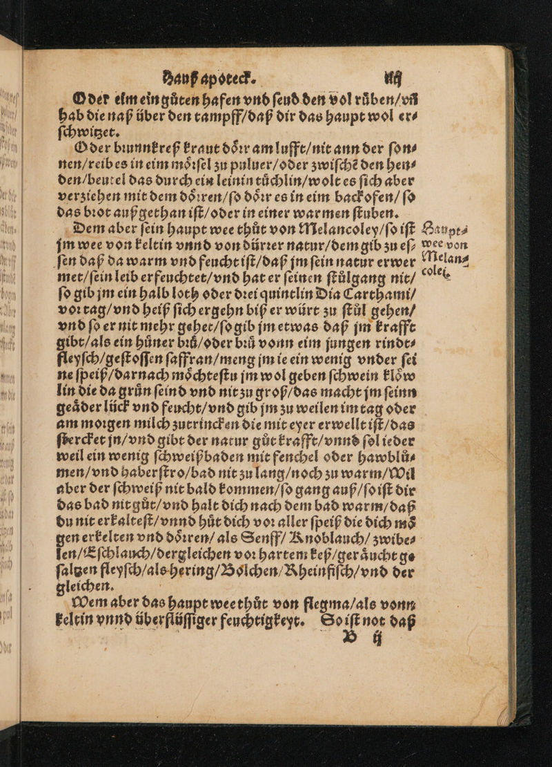 Oder elm ein gůten hafen vnb ſeud den vol ruͤben / vñ hab die naß über den tampff / daß dir das haupt wol er⸗ Oder bꝛunnkreß kraut doͤꝛr am lufft / nit ann der ſon⸗ nen / reib es in eim moͤꝛſel zu puluer / oder zwiſchẽ den hen⸗ | den / beutel das durch ein leinin tuͤchlin / wolt es ſich aber ehh verziehen mit dem doͤꝛren / ſo doͤꝛr es in eim backofen / ſo shi | das bꝛot auß gethan iſt / oder in einer warmen ſtuben. Dem aber fein haupt wee thůt von Melancoley / ſo iſt Baupt⸗ jm wee von keltin vnnd von dürꝛer natur / dem gib zu efz wee von fen daß da warm vnd feucht iſt / daß jm ſein natur erwer Melan⸗ met / ſein leib erfeuchtet / vnd hat er feinen ſtůlgang nit / ſo gib jm ein halb loch oder drei quinelin Dia Carthami / voꝛ tag / vnd heiß ſich ergehn biß er würt zu ſtůl gehen / vnd ſo er nit mehr gehet / ſo gib jm etwas daß jm Eraffe gibt / als ein huͤ ner bꝛů / oder bꝛuͤ vonn eim jungen rindr⸗ | fleyſch / geſt oſſen ſaffran / meng jm ie ein wenig under fei hm | ne ſpeiß / darnach moͤchteſtu jm wol geben ſchwein kloͤw 11 lin die da gruͤn ſeind vnd nit zu groß / das macht jm ſeinn geaͤder lück vnd feucht / vnd gib jm zu weilen im tag oder am morgen milch zutrincken die mit eyer erwellt iſt / das ſtercket jn / vnd gibt der natur gůt krafft / vnnd ſol ieder weil ein wenig ſchweiß baden mit fenchel oder hawblu⸗ men / vnd haberſtro / bad nit zu lang / noch zu warm / Wil aber der ſchweiß nit bald kommen / ſo gang auß / ſo iſt dir das bad nit gůt / vnd halt dich nach dem bad warm / daß du nit erkalteſt / vnnd huͤt dich vor aller ſpeiß die dich moͤ gen erkelten vnd doͤꝛren / als Senff / Knoblauch / zwibe⸗ len / Eſchlauch / dergleichen vor hartem keß / ger aͤucht ge 1 8 75 fleyſch / als hering / Bolchen / Kheinfiſch / vnd der gleichen. | | 1 Wem aber das haupt wee thuͤt von flegma / als vonn N keltin vnnd überflüfliger feuchtigkeyt. So 8 not daß | | 1 I a a KEIN! IM